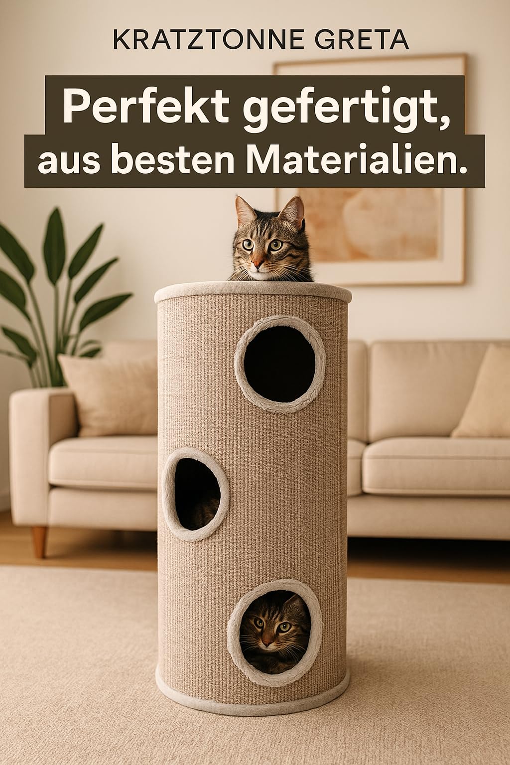 griffoir pour Chat – Tonneau à Gratter pour Chat - Flamingo Greta L - 100 cm Hauteur – Ø 38 cm - Gris & Naturel & Marron Clair