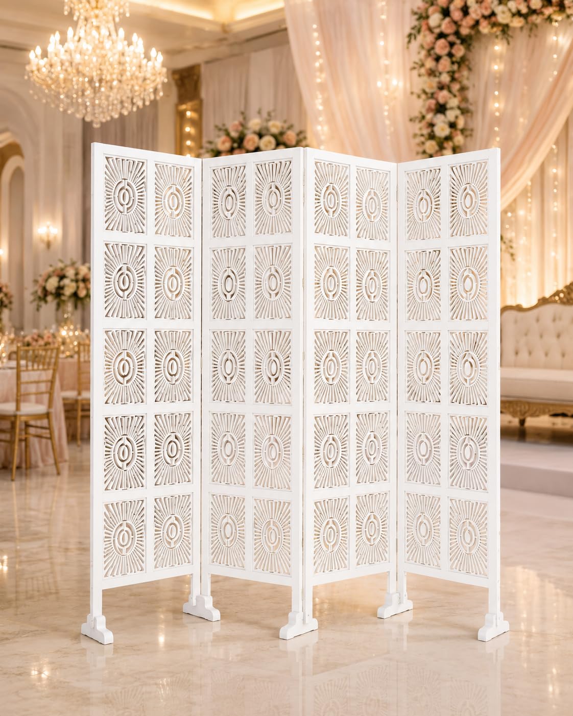 Wooden Room Partition Sunburst Cutout Design Wooden Room Divider for Bedroom, House, Living Room,Office, Kitchen, Restaurant, Pooja Room and Balcony (6 Feet 4 Panel White)-image-45