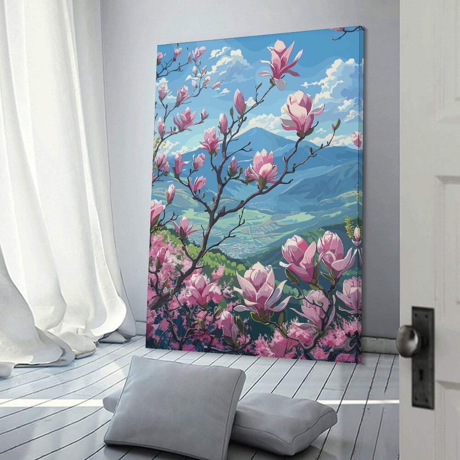 Junmoney Wall Picture Print Pink Magnolia Blossoms, 20x30inch(50x75cm), for Workspace Walls, Study Corners Or Bedrooms, A Smart Decor Choice for Study Walls