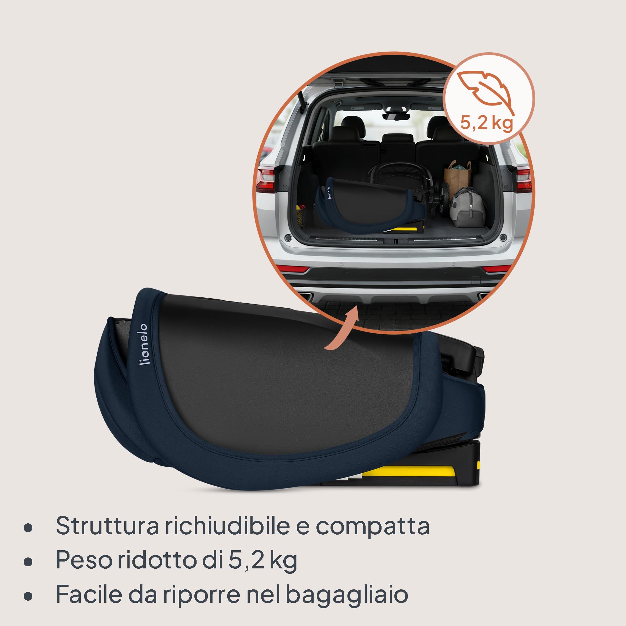 Lionelo Seggiolino Auto Pieghevole ORIN I-SIZE con ISOFIX per bambini 3,5-12 Anni, Reclinabile 4 Posizioni, Poggiatesta 14 Posizioni, Sfoderabile Lavabile, Borsa e Portabicchiere, i-Size 100-150 cm