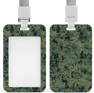 Green Army Digital Camouflage Badge Holder Vertical Hard Plastic Sleeve with Lanyard Name Tag Holder Push-Pull Design Card Protector for Men Women Office Supplies