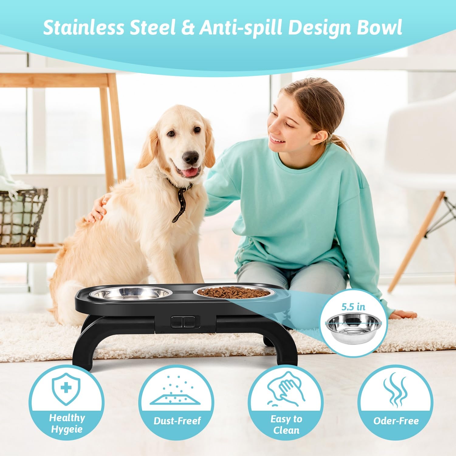 Gamelles surélevées pour chien, support de gamelle surélevée réglable en hauteur avec bol d'eau anti-déversement et bol de nourriture antidérapant, station d'alimentation en métal pour chiens et chats