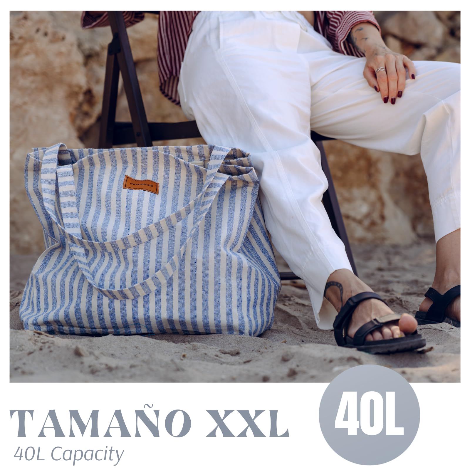 MOMOMUS Bolsa de Playa XXL 100% Algodón Reciclado Plegable para Mujer Grande y Familiar Verano Piscina