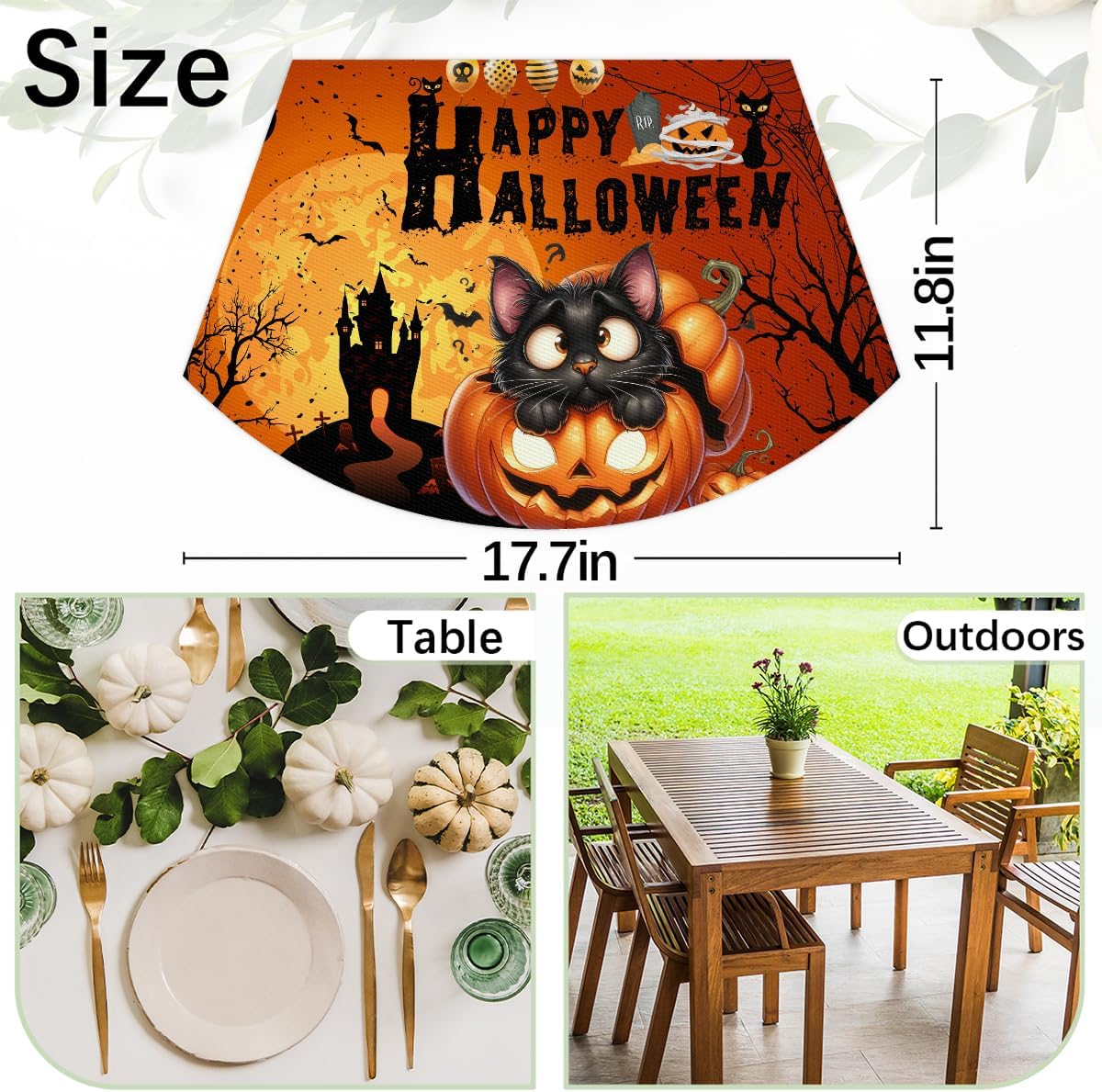 Halloween Cat Pumpkin Wedge Placemats Set of 6+1 pcs PVC Washable Wedge Place Mats Round Table Mat Wipeable Plastic Dining Table Mats for Kitchen Indoor Outdoor Patio Table Decor