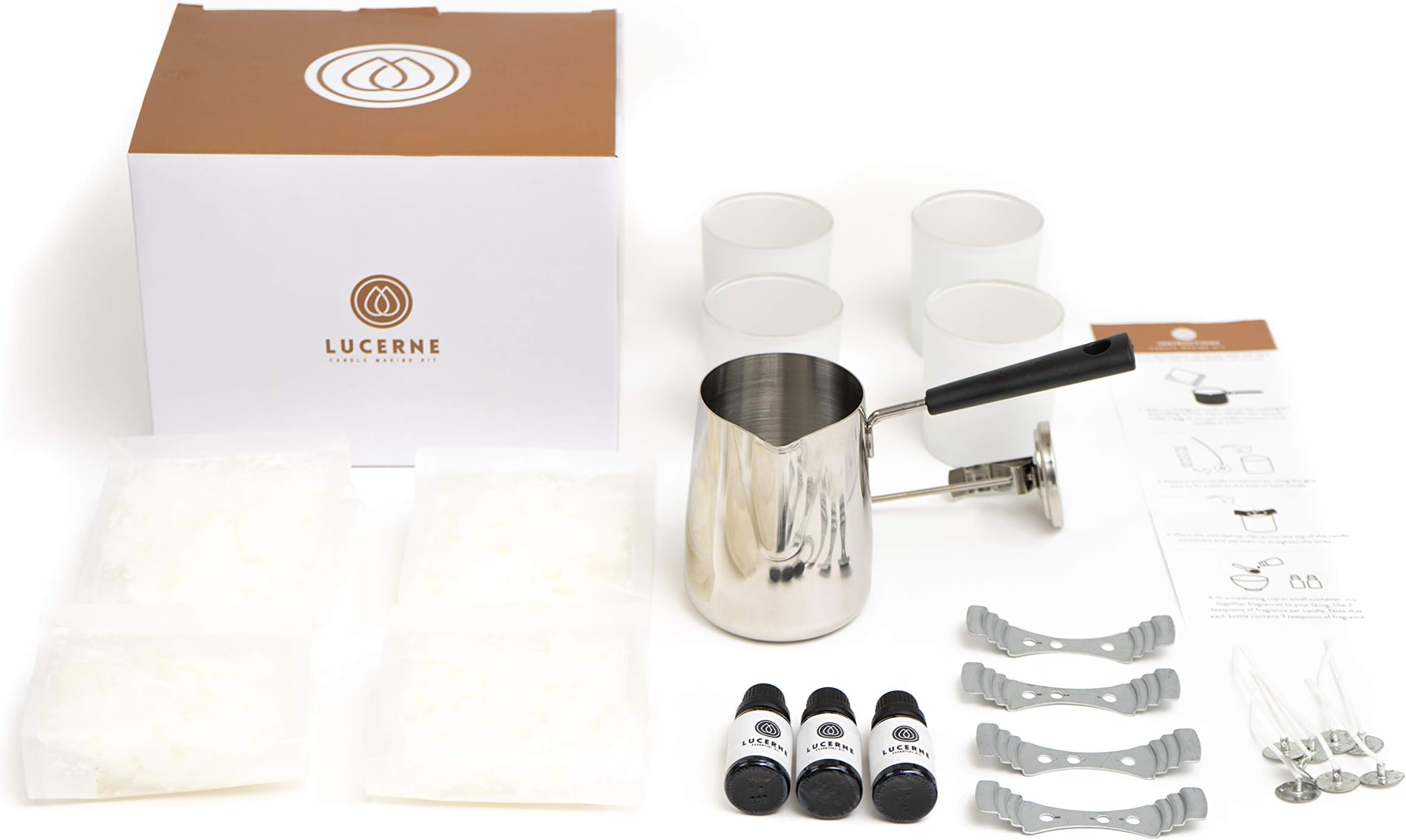 Premium DIY Candle Making Kit from Lucerne-Comes with Natural Soy Wax, 3 Pure Essential Oils (Lavender, Eucalyptus, Lemon), 4 Glass Containers, Cotton Wicks, Melting Pitcher, Easy Instructions & More