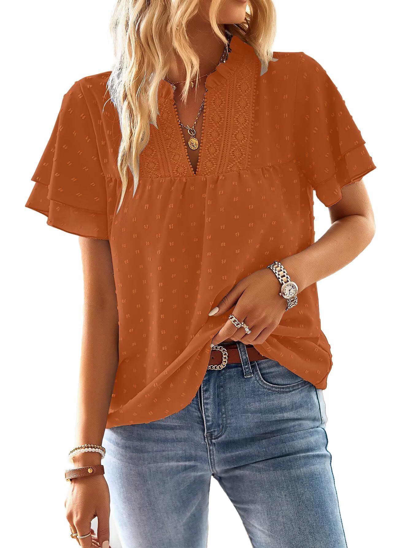 TUUHAW Top Damen Sommer Boho Bluse Kurzarm Oberteile Fließend Elegant V-Ausschnitt T Shirt Lässig Outfits Spitze Kleidung
