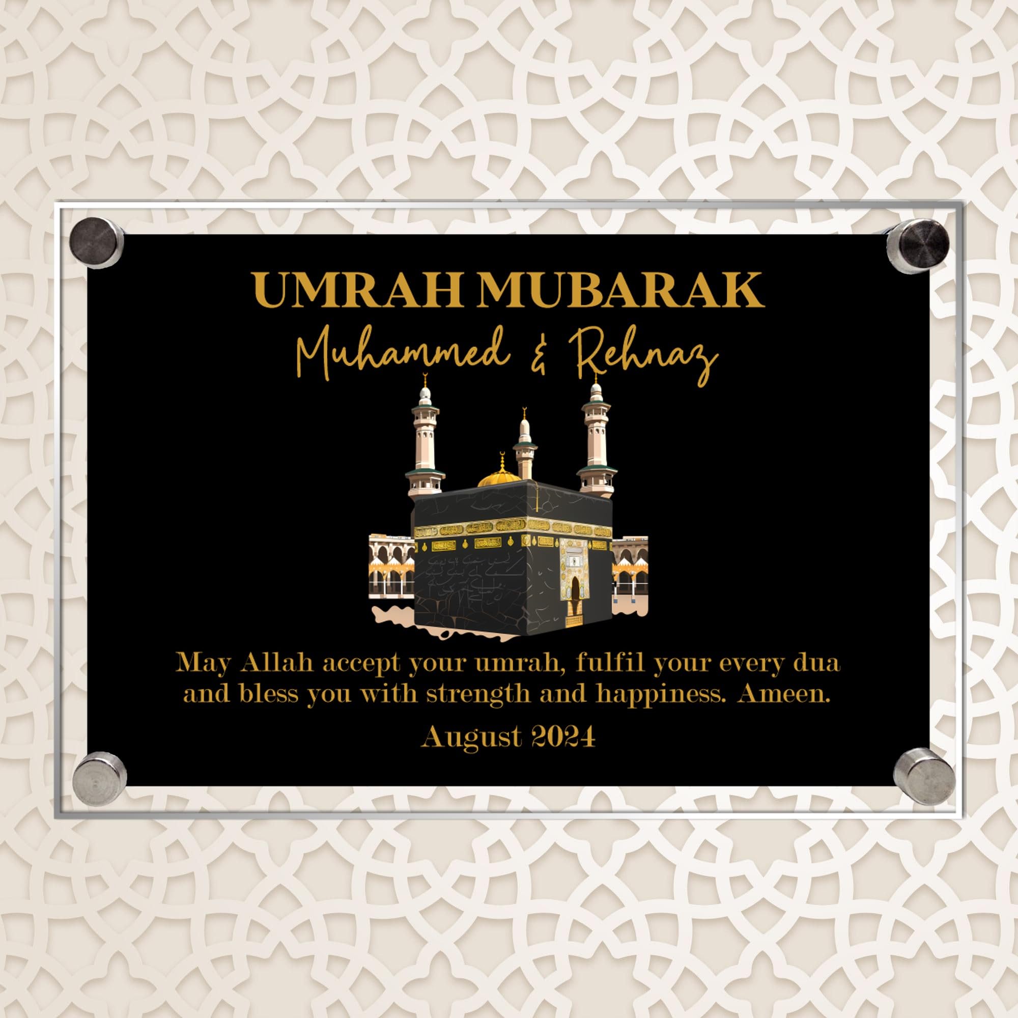Personalised Umrah Mubarak Plaque for Family with Custom Names - May Allah Accept Your Umrah Design with Kaaba for Spiritual Keepsakes & Religious Gifts (Black, Acrylic - A5)