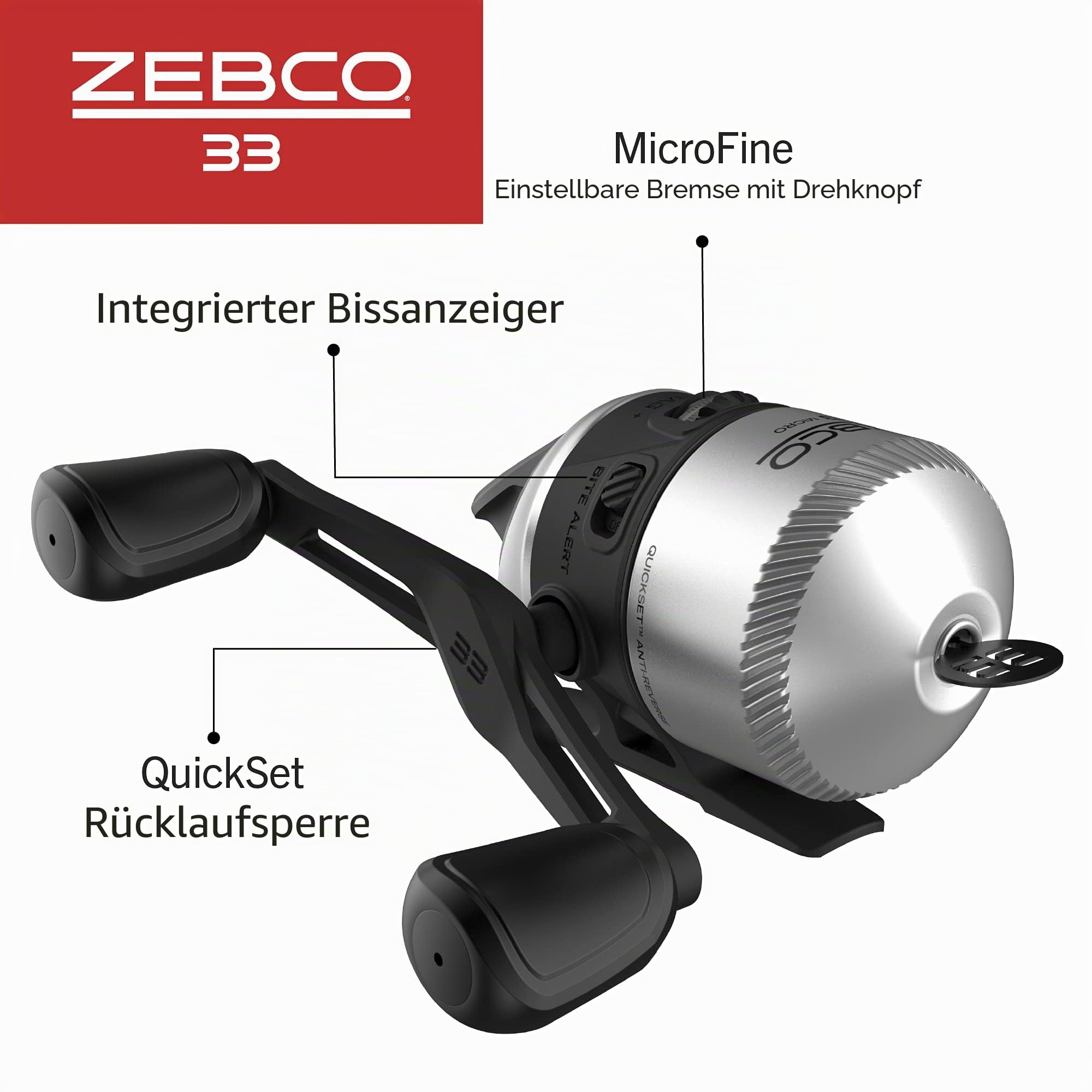 Zebco 33 Micro Spincast Angelrolle, Größe 10 Rolle, wechselbare Rechts- oder Linkshänder-Apportierung, integrierter Bissalarm, vorgespult mit 1,8 kg Zebco Cajun Line, Silber/Schwarz