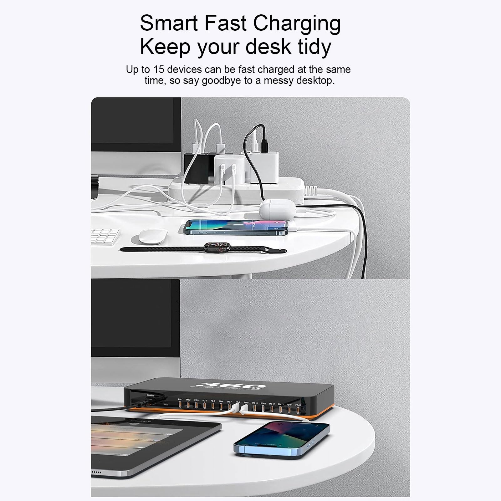 Tosuny Caricatore Veloce Desktop 15 Porte, Caricabatterie Desktop 360W, Stazione di Ricarica Rapida USB C con PD3.0 2.0 Controllo della Temperatura AI e 8 (Spina europea)