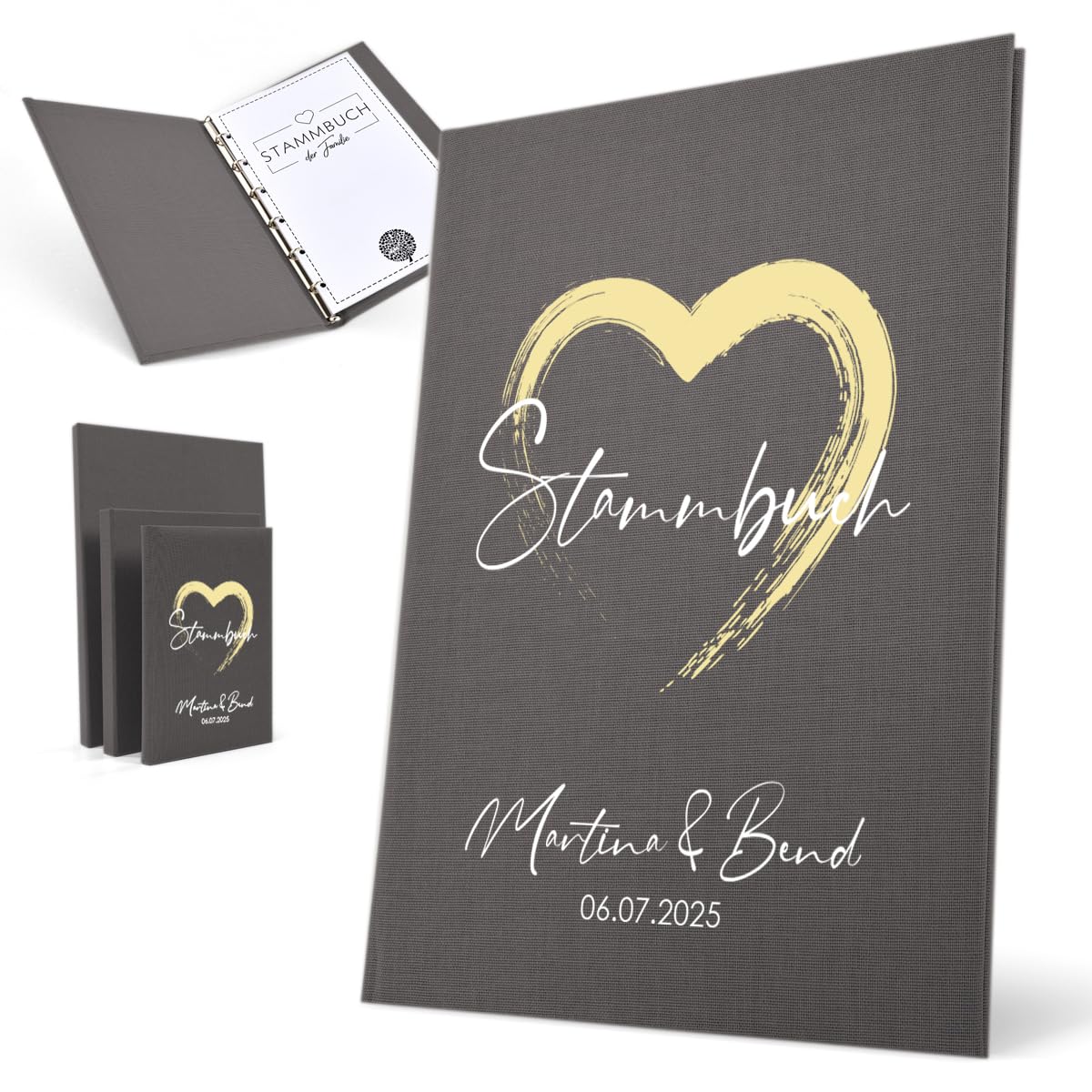 Hochzeitideal Stammbuch zur Hochzeit – A4 in Grau– 'Ally' Nr. 82 – personalisierbares Familienstammbuch & Erinnerungsbuch mit 4-Fach Ringmechanik, handgefertigt in Deutschland