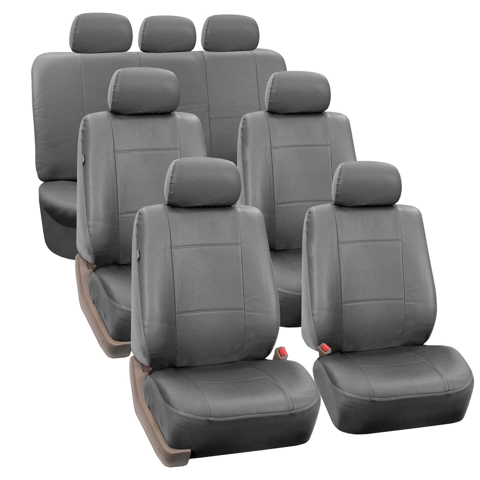 FH Group Car Seat Covers PU Leather 3 Row Car Seat Covers 7 Seater, Airbag Compatible and Split Bench - Fit Most Car, Truck, SUV, & Van (Solid Gray)