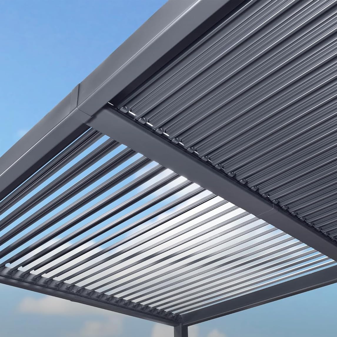 Estosa - Pergola Addossata Bioclimatica In Alluminio In Varie Misure Con Luci LED A 3 Livelli, Pannello Solare E Telecomando Inclusi, Pergola Da Terrazzo Esterno Resistente (Grigio, 3x4)