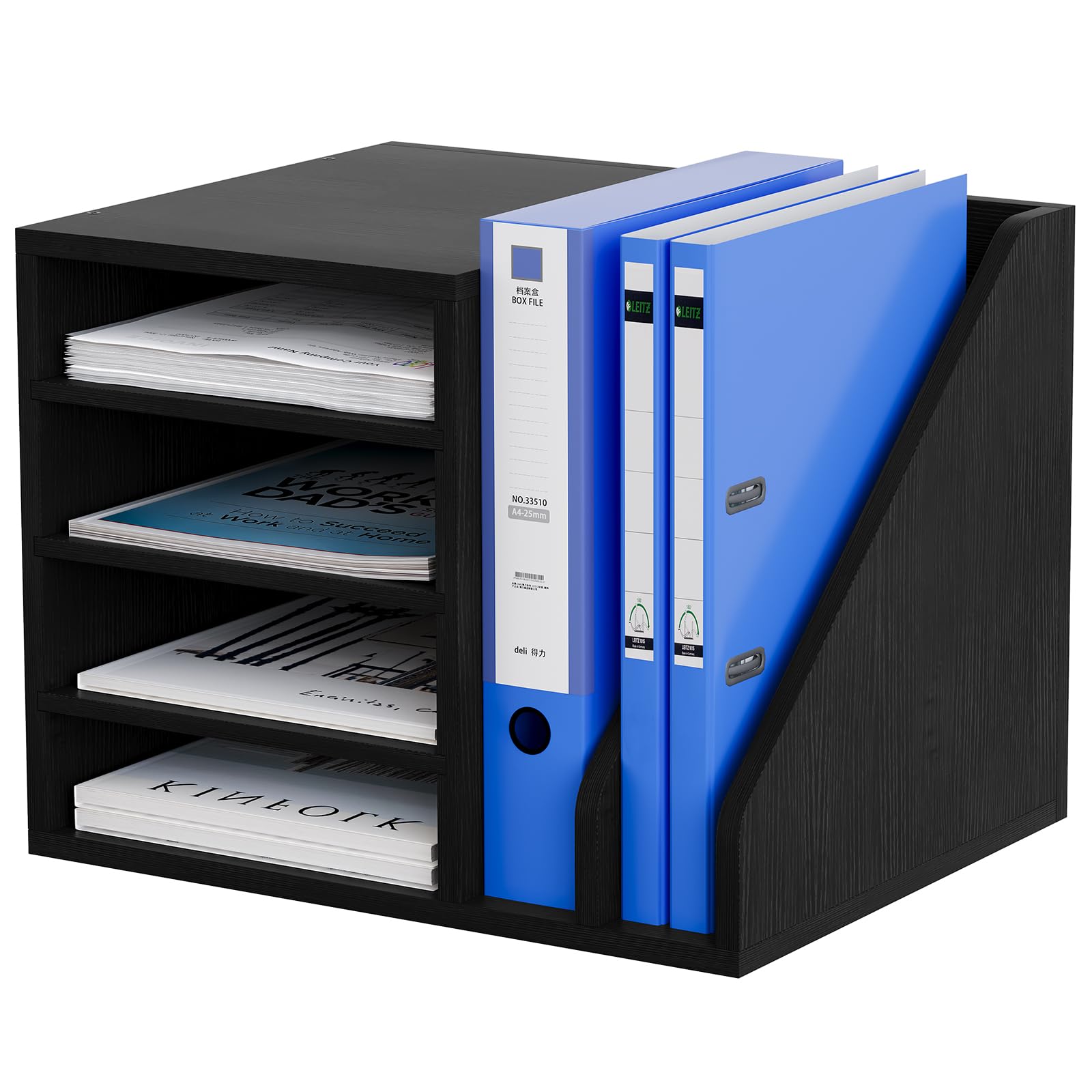 EasyPAG Portadocumenti da Scrivania A4 6 Compartimenti Legno,Vassoio Lettere,Ripiano Portacorrispondenza,Organizzatore Carta per Ufficio & Casa,Nero