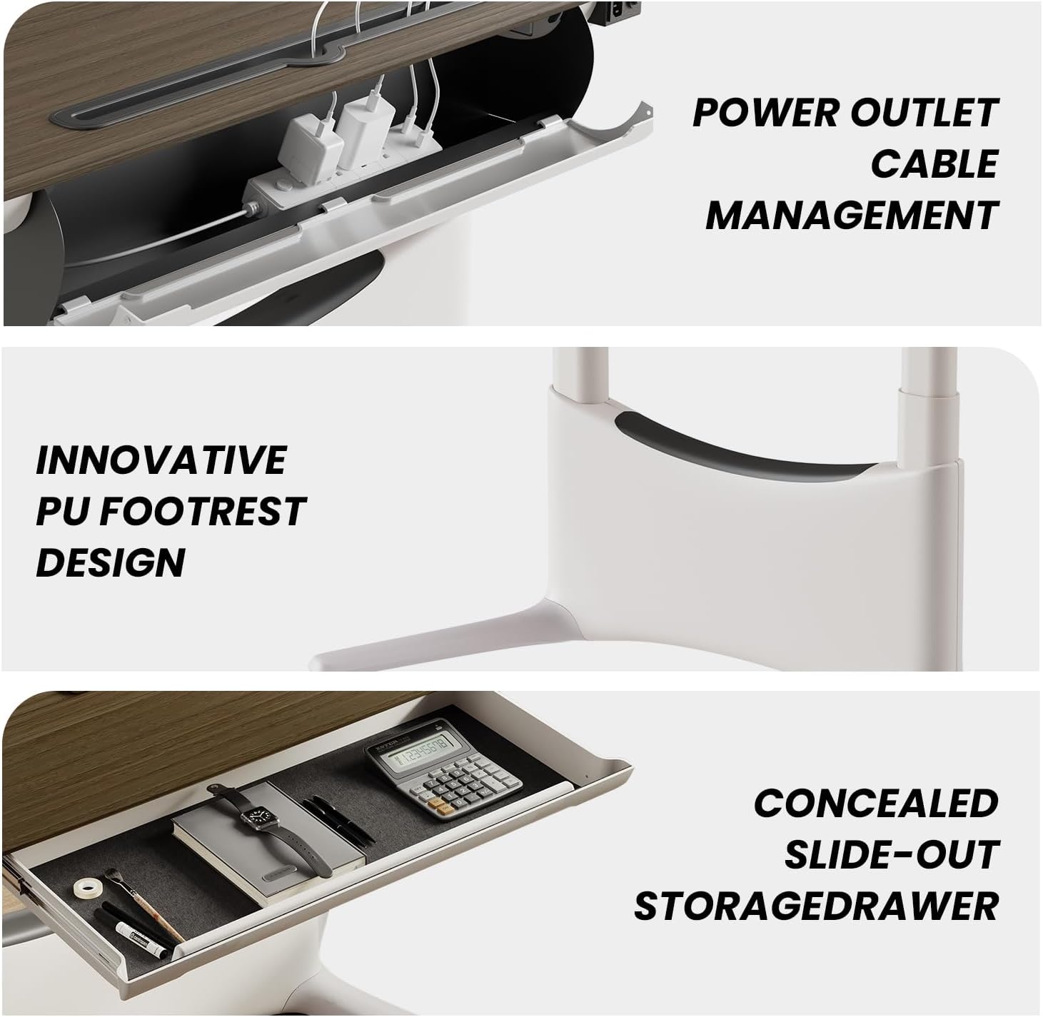 COLAMY Electric Adjustable Standing Desk – 48 x 28 Inch Sit Stand Desk with Drawer & Cable Management, Dual Motor Lift System, Ergonomic Footrest, Home Office Table (Veneer Desktop, Walnut + White)