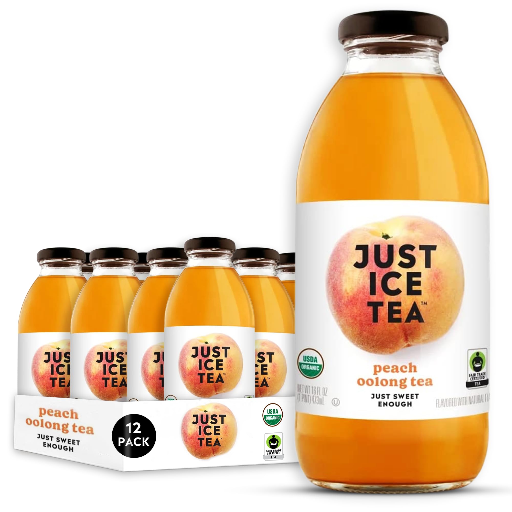 Just Ice Tea Organic Iced Tea, 16 Fl Oz Glass Bottles (Peach Oolong Tea, Pack of 12)