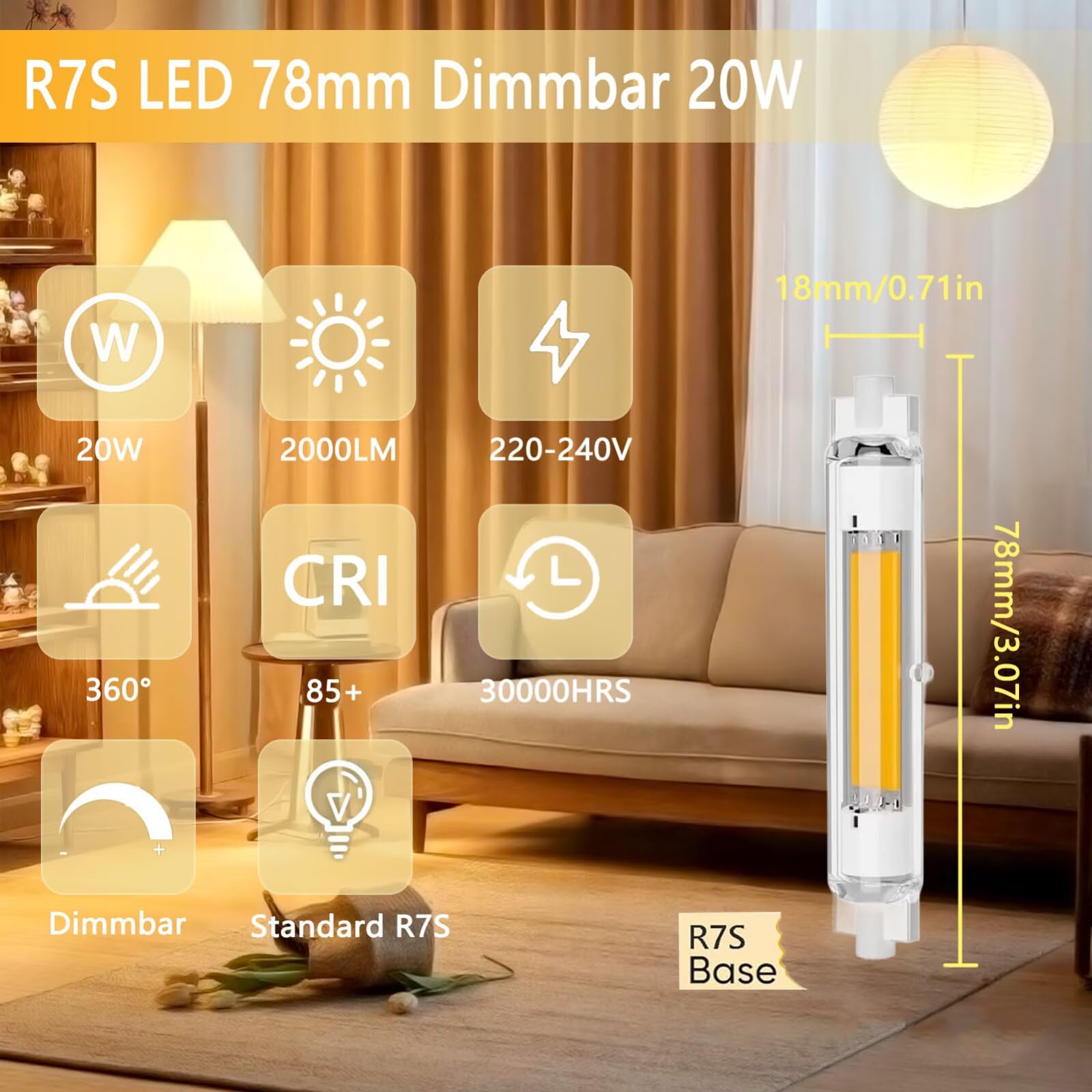 R7S LED 118mm Dimmbar 30W Glühbirne Ersatz für 300W Halogen Lampen, 3000LM, 360° Abstrahlwinkel, Warmweiß 3000K, AC 220-240V, Flackerfrei Hightlight COB Birne für Innen Außenbeleuchtung, 6er Pack
