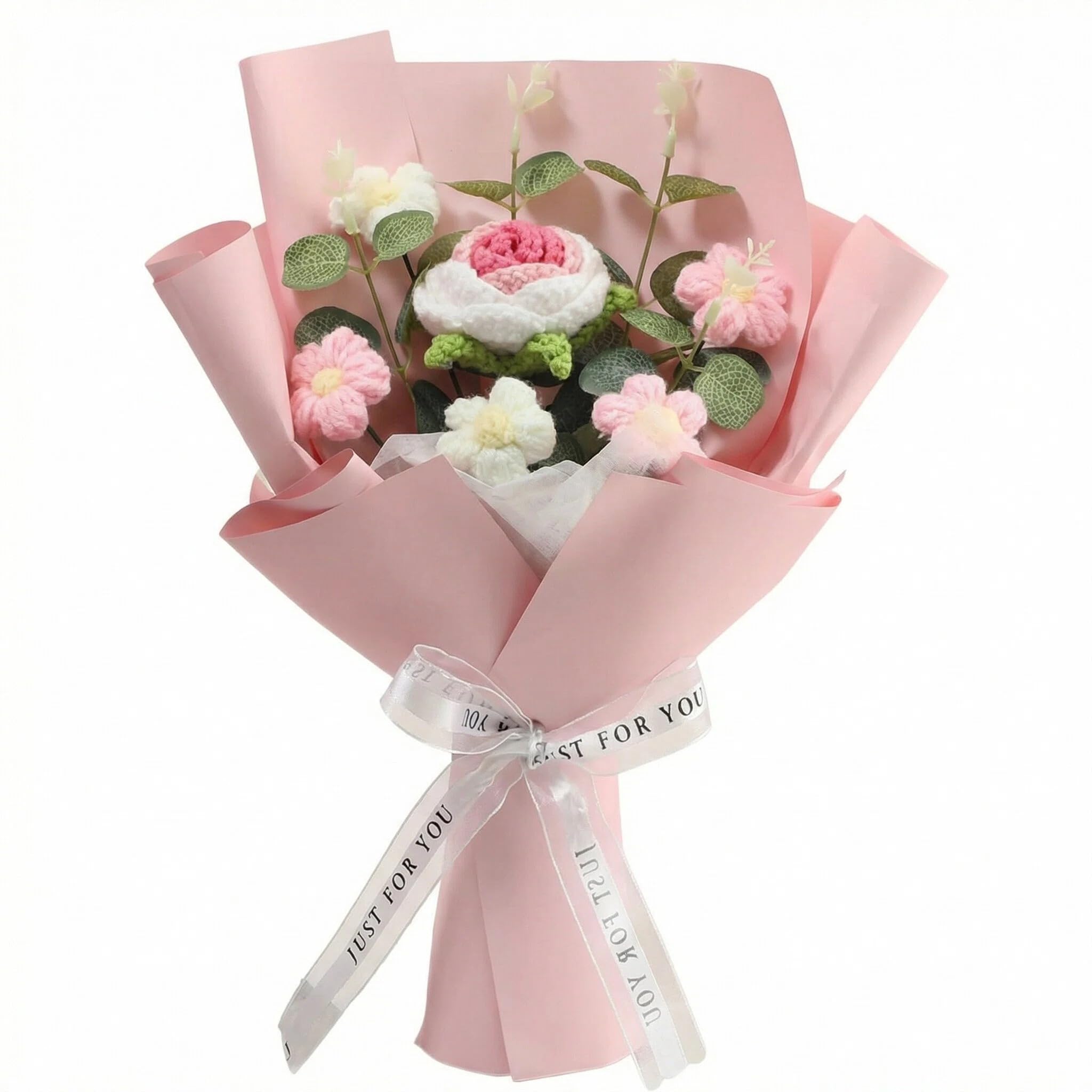 QIANSSE Crochet Flowers Bouquet Knitted Roses, Handmade Artificial Floral, Graduation Teacher Appreciation for Loved Ones Moms Dads Women Teachers(Pink)