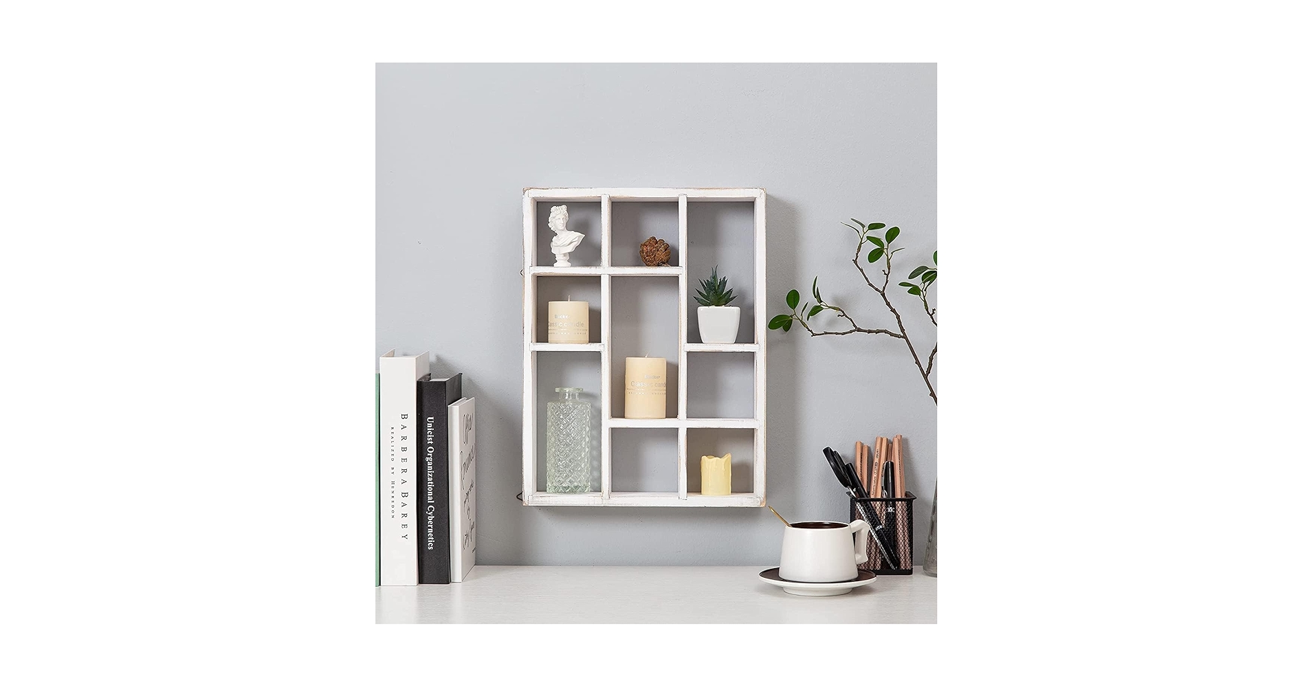 White Lift 9-Slot Shelf Wood Wall Mountable & Freestanding Shelf