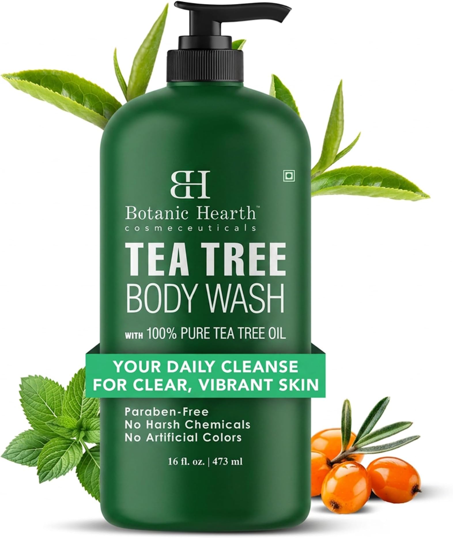 Botanic Hearth Tea Tree Body Wash (473ml) | Daily Purifying Shower Gel for Deep Cleansing & Long Lasting Odor Control | Natural Moisturizing & Refreshing Skin Cleanser for Men, Women & Family