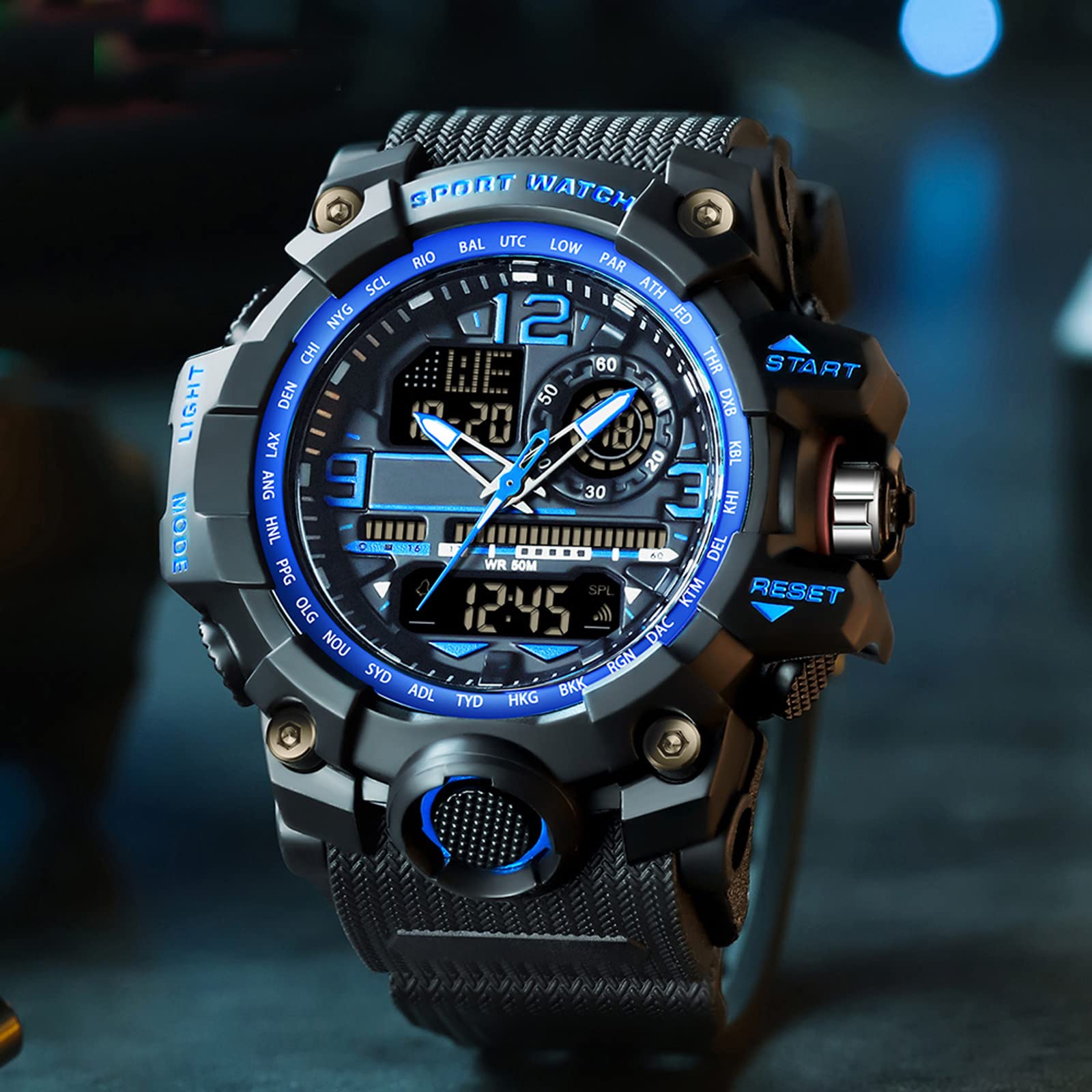 Reloj de pulsera militar grande para hombre, digital y analógico, 5 cajeros automáticos, impermeable, táctico para exteriores con despertador, fecha 12/24 horas, cronómetro LED, correa de silicona