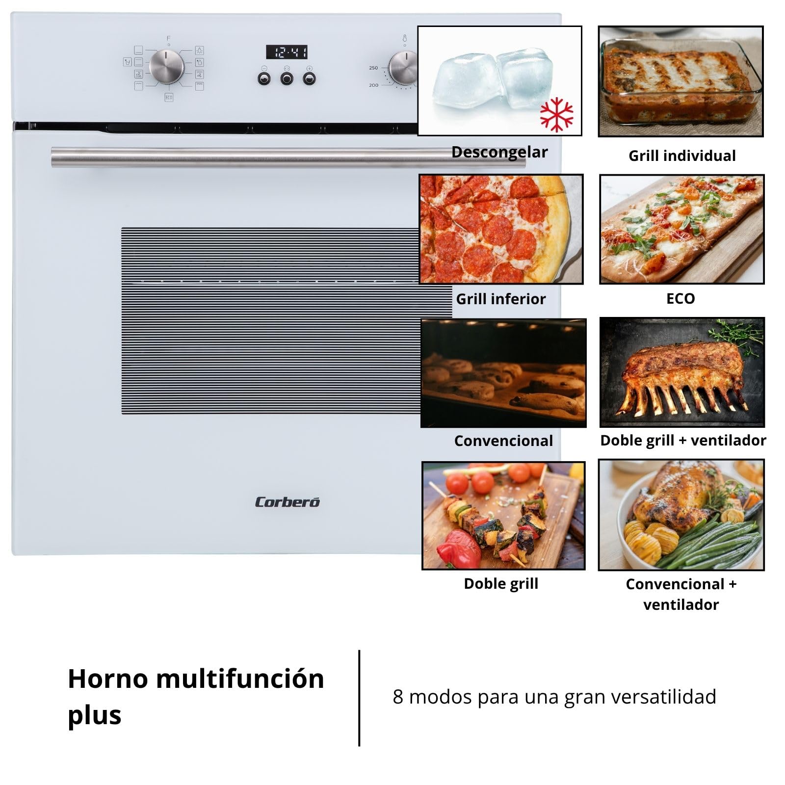 Corberó – Horno Multifunción Plus | CCHMD805W | 59x59x56 cm |70L | 8 Programas | Display Digital | Función Hidrólisis | 3000W | Doble Cristal | Guías Extraíbles | Cristal Blanco