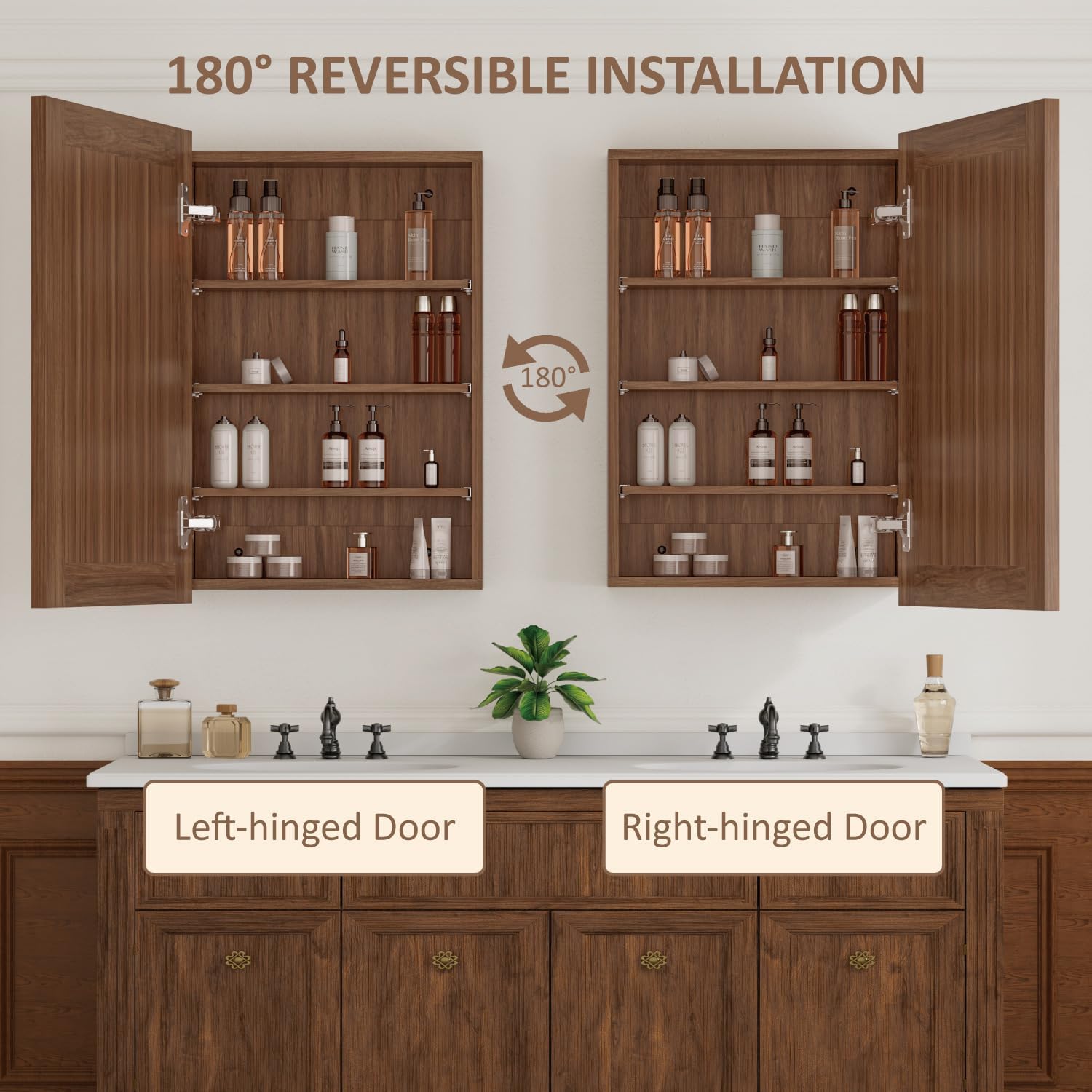 24 x 30 Inch Walnut Grain Medicine Cabinet with Mirror, Recessed or Wall-Mounted Wood Storage Cabinet for Bathroom, Adjustable Shelves, Soft-Close Hinges, Rectangle