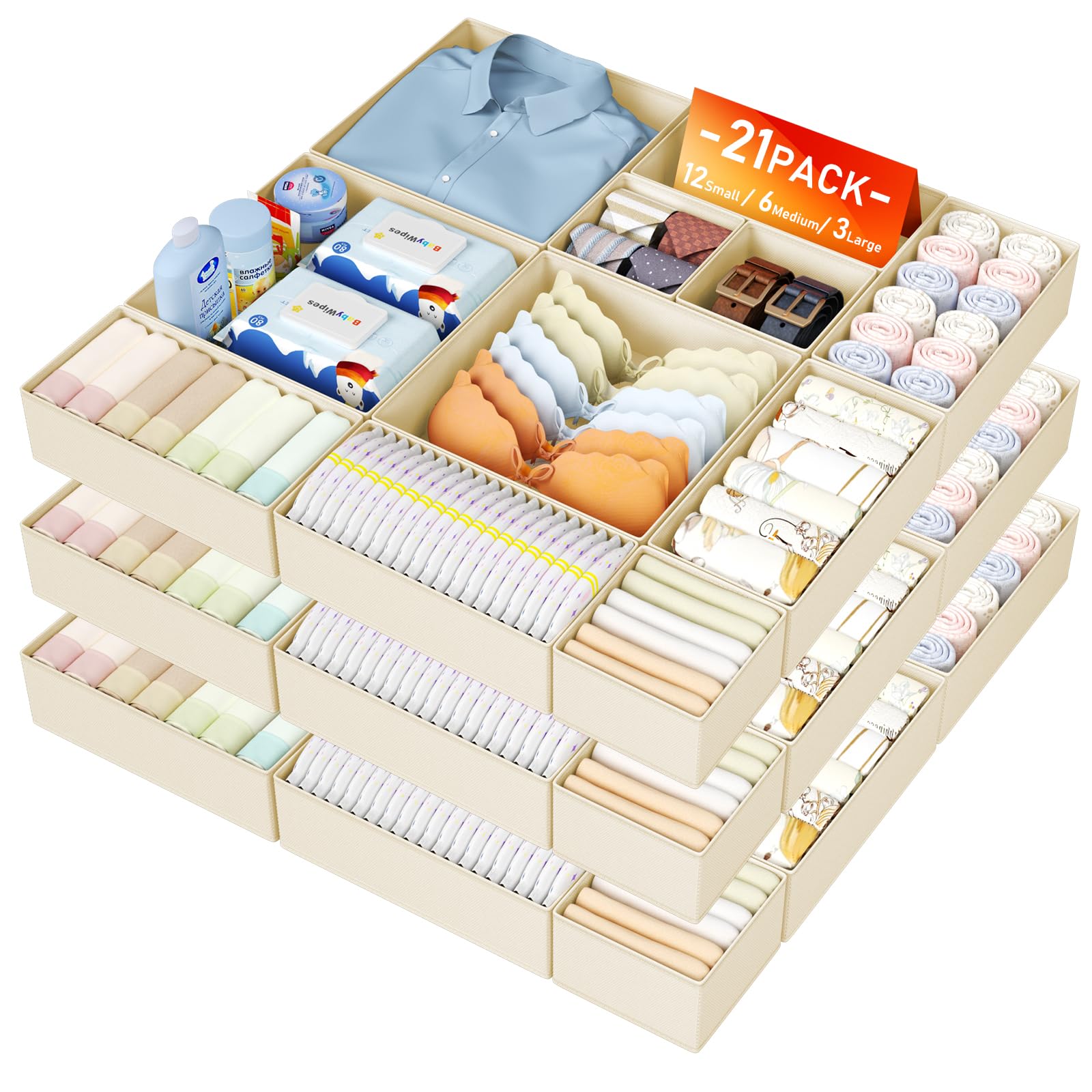 DIMJ Drawer Organisers and Clothes Dividers - 21 Pack Fabric Wardrobe Storage Cubes Foldable Draw Box for Socks, Underwear, Baby Clothing, Ties, Nursery, Bedroom, Chest of Drawers, Beige