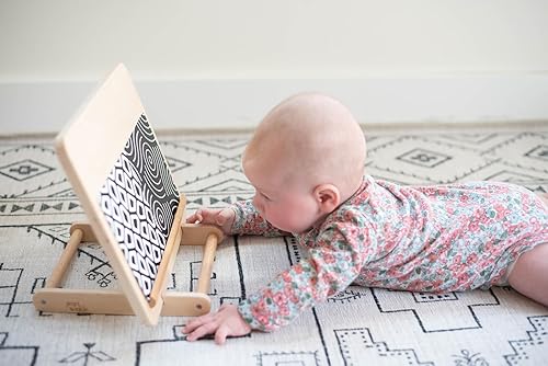 Montessori - Set de tiempo boca abajo, espejo seguro para bebés, juguete sensorial arrugado, soporte de madera FSC, juguetes blancos y negros de
