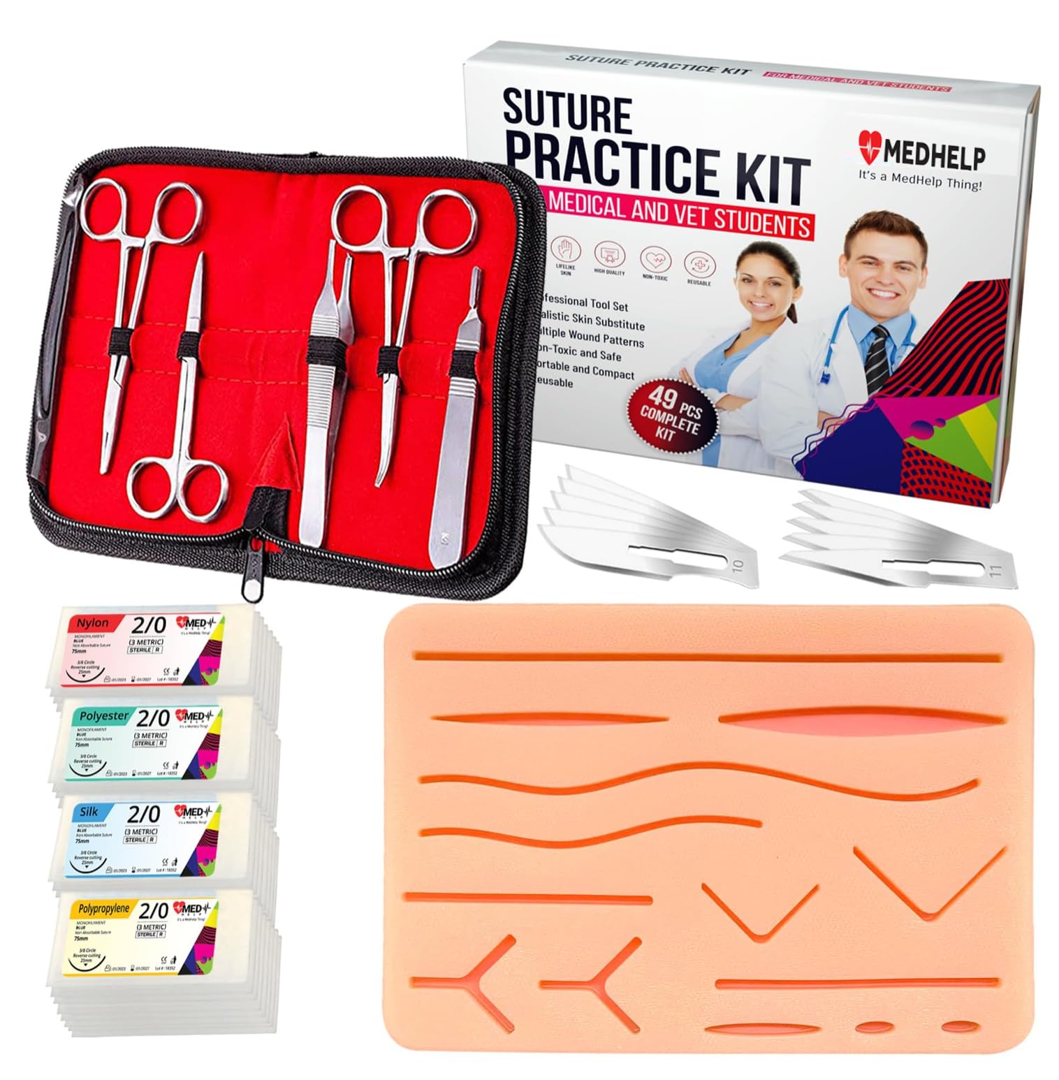 49 PCS Suture Practice Kit - Complete Medical Suture Kit for Surgical Training: Silicone Suture Pad, Sterile Sutures Thread with Needle, Gifts for Medical Students