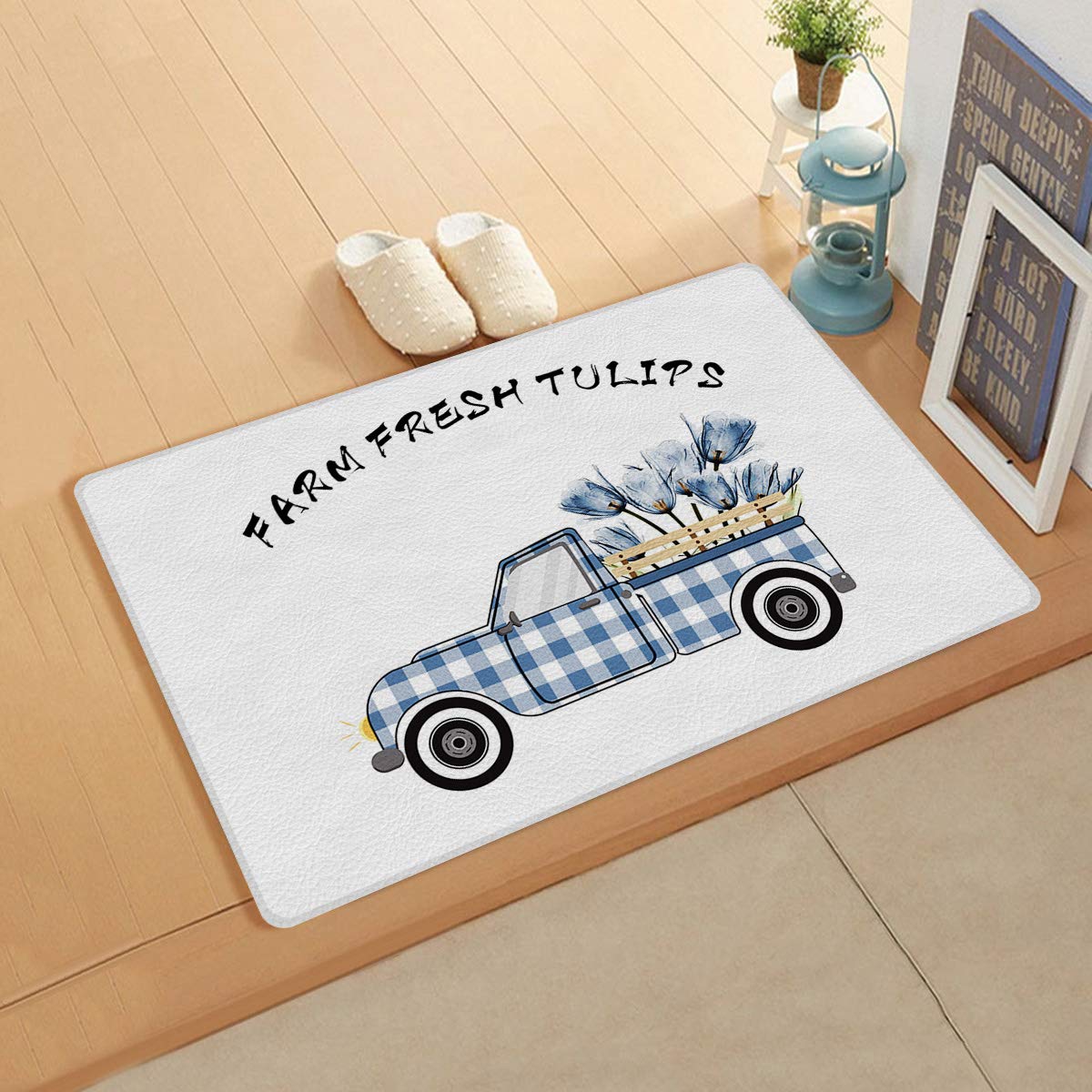 Amazon Com Greeeen Indoor Doormat Welcome Door Mat 18 X 30 Pvc Leather Mat Soft Non Slip Rubber Backing Durable Waterproof Rug For Entrance Farm Fresh Tulips Blue Buffalo Check Plaid Truck 露臺 草皮與花園