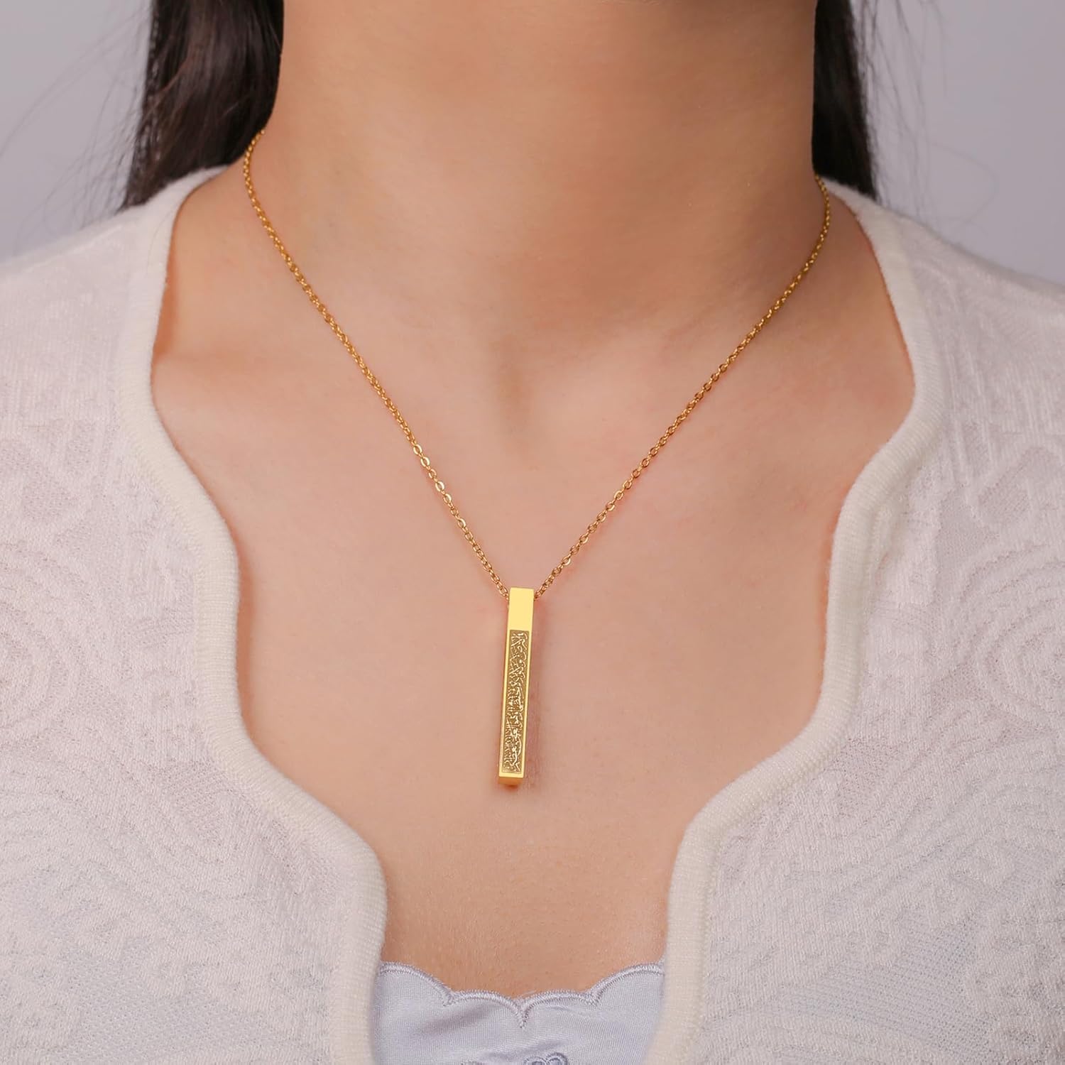 VASSAGO Islamic Ayatul Kursi Necklace for Women Men Stainless Steel/Leather Chain Muslim Allah Arabic 3D Bar Pendant Islam Eid Ramadan Gift Jewelry - Image 4