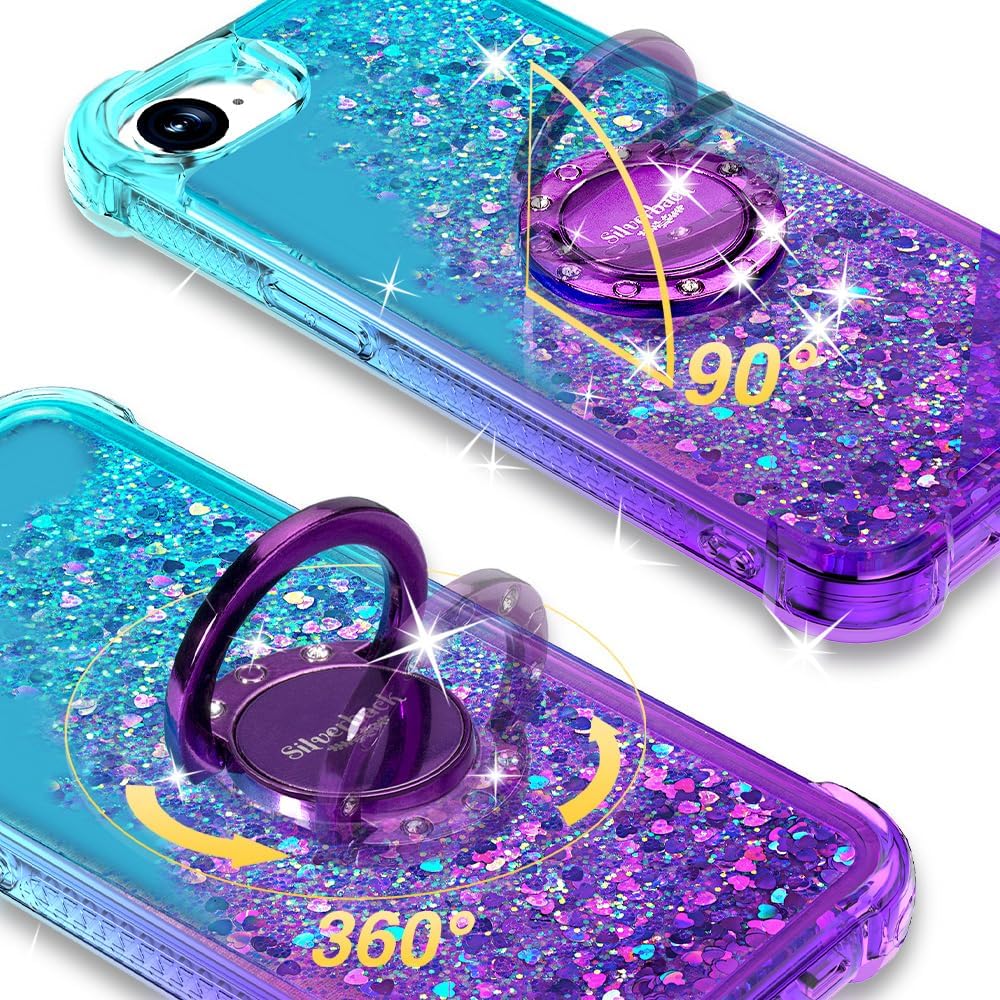 Silverback for iPhone 16e Case with Stand, Moving Liquid Holographic Sparkle Glitter Case with Kickstand, Girls Women Bling Diamond Ring Protective Cover - Purple - Image 2