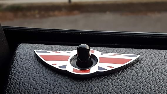 iJDMTOY (2) Union Jack Style Wing Emblem Rings Compatible with MINI Cooper R55 R56 R57 R58 R59 Door Lock Knobs, Red/Blue UK Flag Design (Does not fit R60 R61 nor F55 F56 Models)