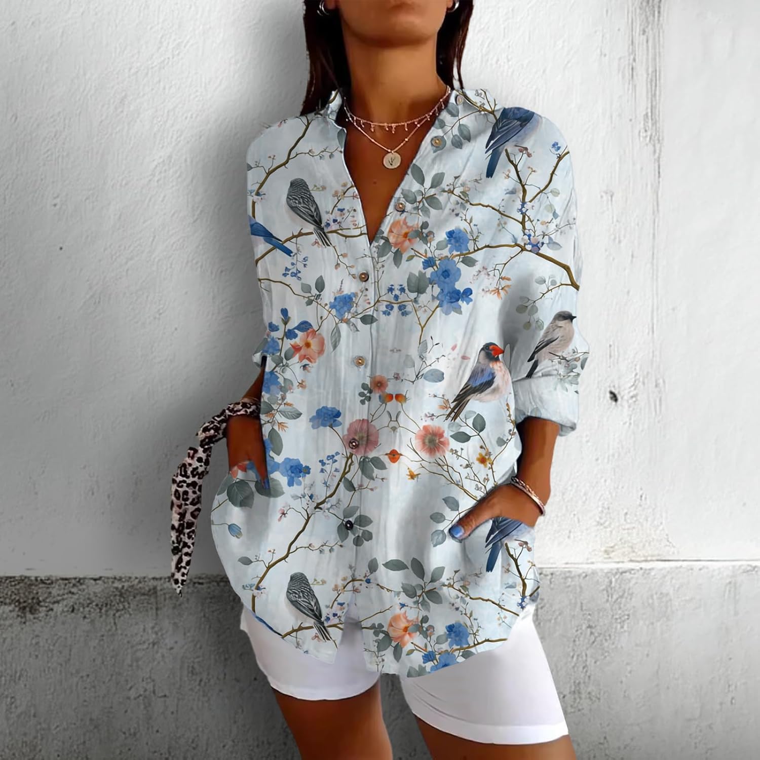 Loose Tops for Women Floral Graphic Active Basic Tops Midweight Shacket V Neck Three-Quarter Sleeve Blouses - Image 2
