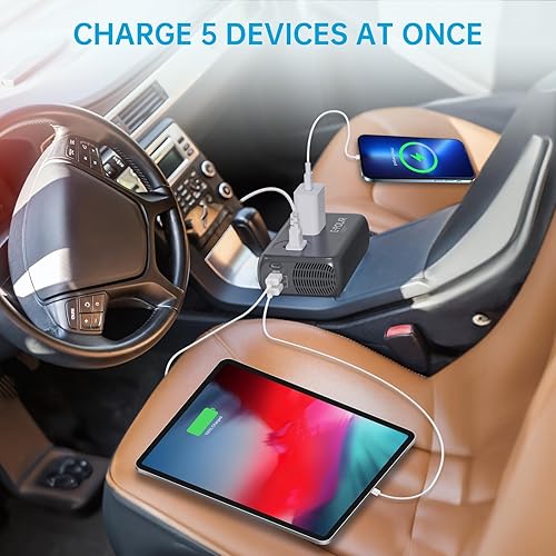 Miniatura 5 de Inversor de corriente para automóvil de 300 W, onda sinusoidal pura con 60 W PD USB-C, inversores de corriente para vehículos CC 12 V a 110 V CA