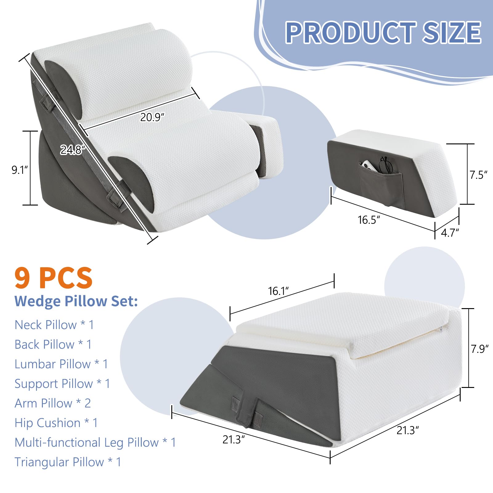 9PCS Orthopädisches Bett Keil Kissen Set, Post Chirurgie Schaum Kissen für Körper, Rücken und Beine Schmerzlinderung