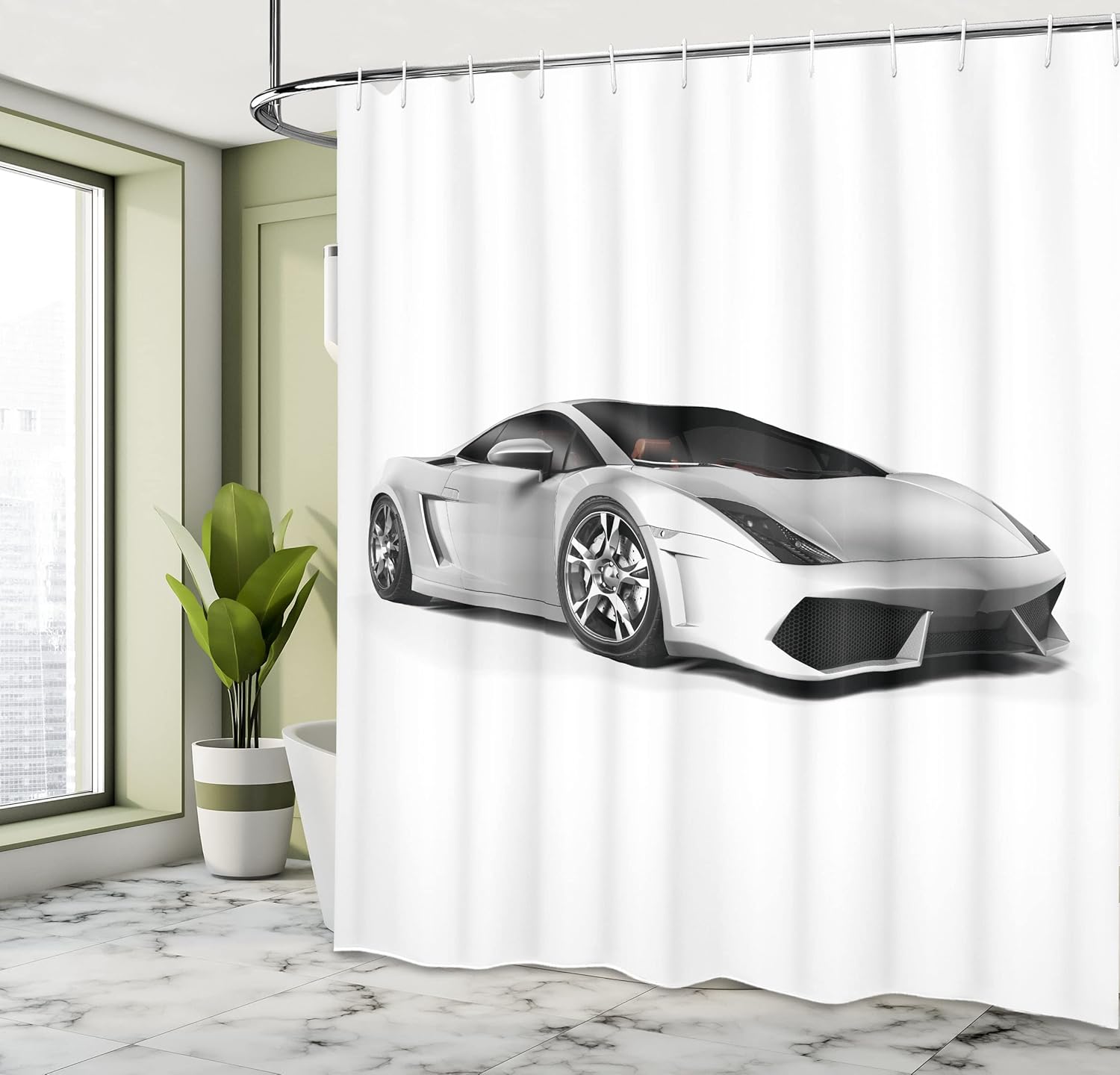 Lunarable Cars Shower Curtain, Sports Car with Futuristic Inspired Wheels Reflection Design Print, Cloth Fabric Bathroom Decor Set with Hooks, 69" W x 70" L, Grey Black Grey