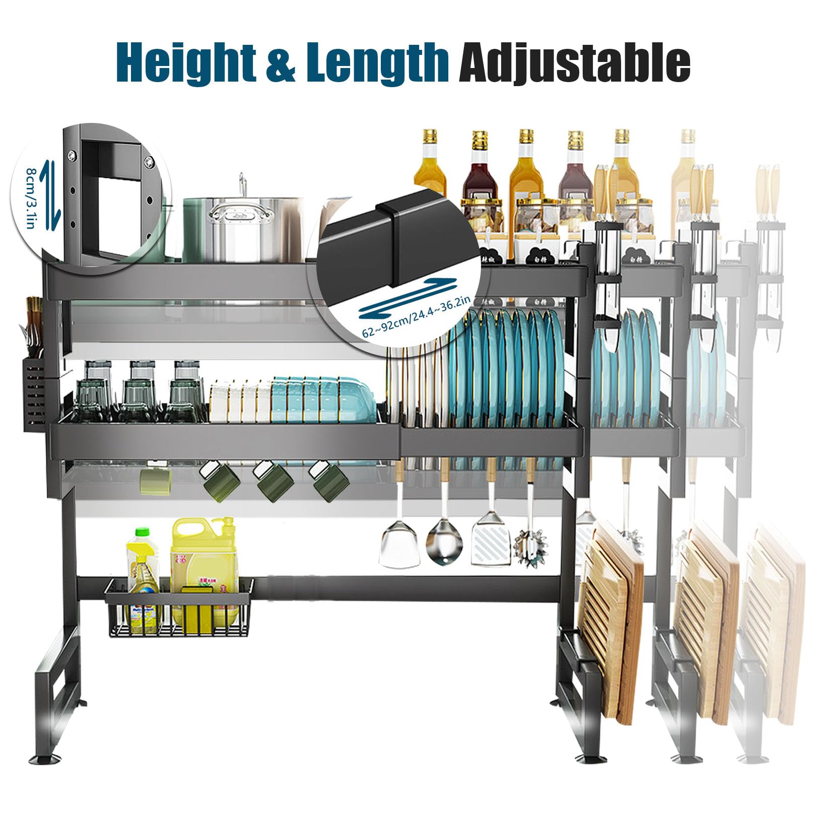 Escurridor para platos sobre el fregadero, 3 niveles de gran capacidad ajustable (62 cm - 92 cm / 24.4in), estante extensible sobre el fregadero con soporte para utensilios