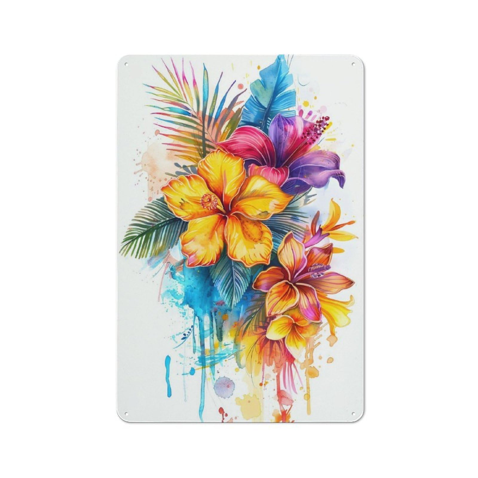 Junmoney Flowers Watercolor Retro Metal Plaque 30X20cm For Bar Or Restaurant, Suited To Restaurant Interior Fans
