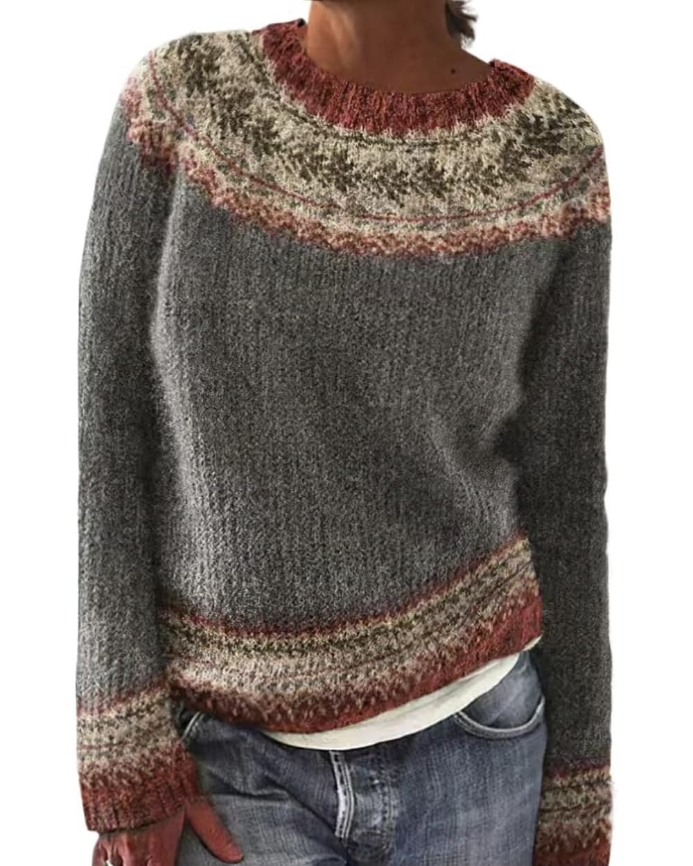 Womens Fair Isle Knitted Sweater Lightweight Crew Neck Pullover Tops Casual Long Sleeve Sweater Fall Winter
