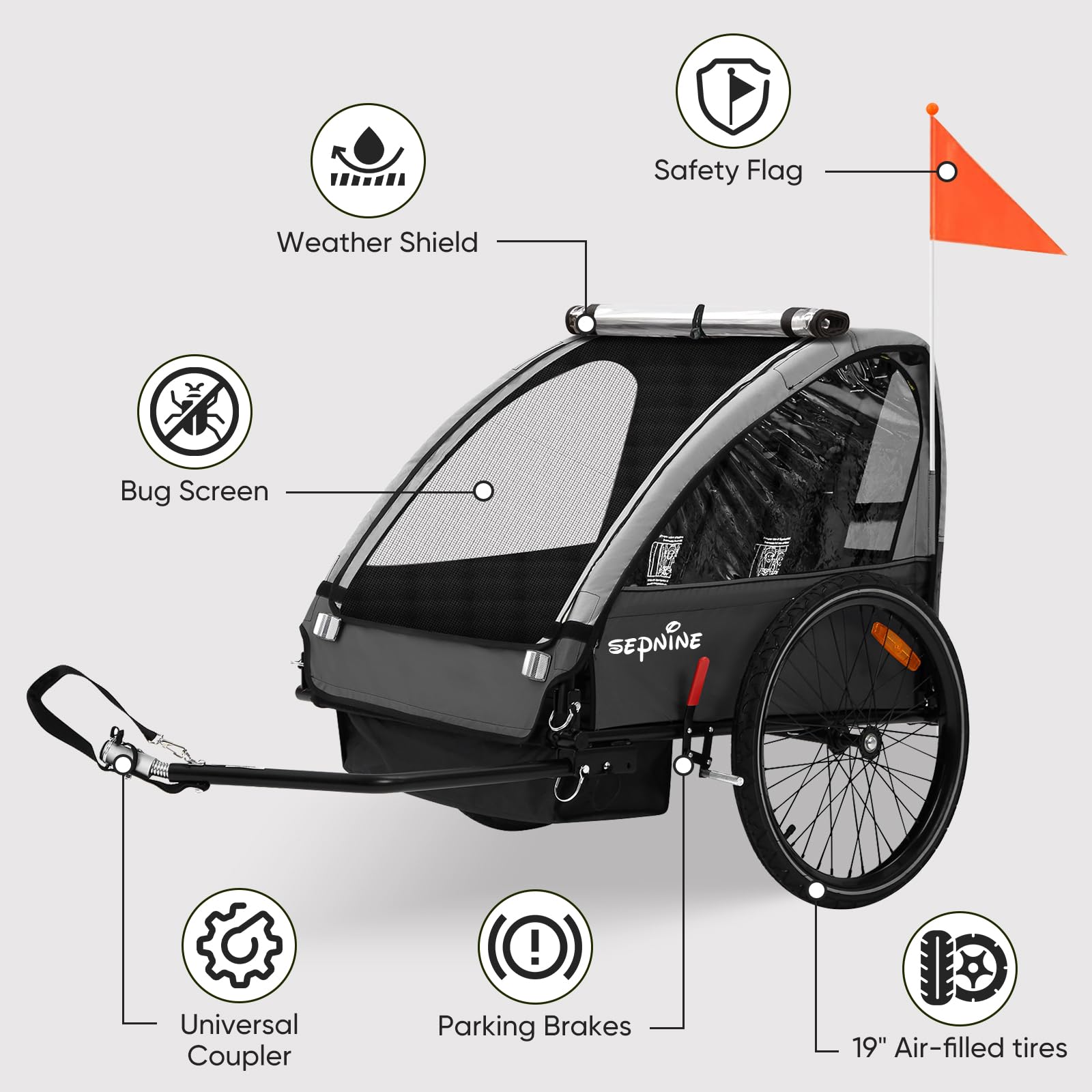 Sepnine Remolque Bicicleta Niños, Remolque Bicicleta,Remolque para Bici Plegable Todoterreno para Niños de Dos plazas con Freno de Mano