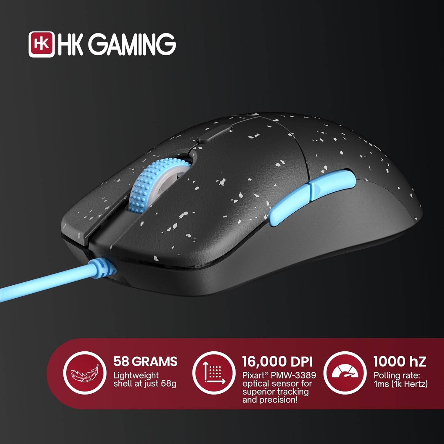 HK GAMING Mira XM1 Ultra Lightweight Gaming Mouse | 58 Grams | max 16000 cpi | 1kHz USB Wired | 6 Buttons | Anti Slip Grips (Phantom)