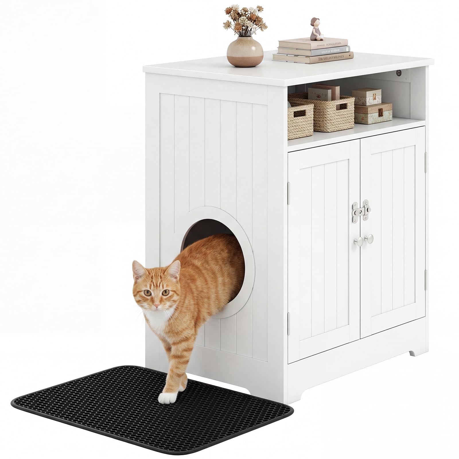 COSTWAY Cat Litter Box Enclosure, Wooden Kitty Hidden Washroom Furniture with Litter Mat, Lockable Door, Indoor Cats House Cupboard Side Table, White