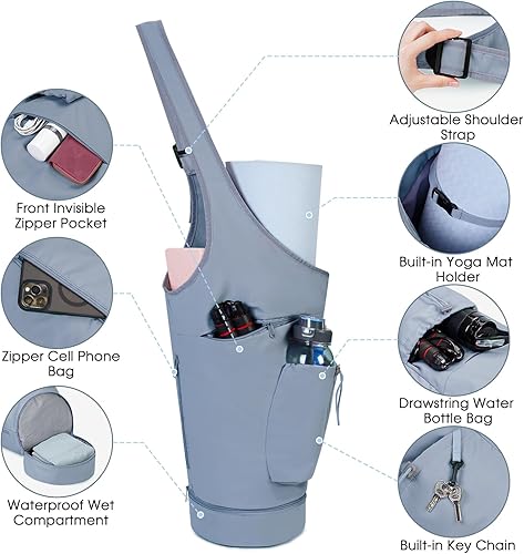 Miniatura 3 de sportsnew Bolsa para esterilla de yoga, gran apertura, larga bolsa de soporte para esterilla de yoga con bolsillo impermeable y bolsillo para