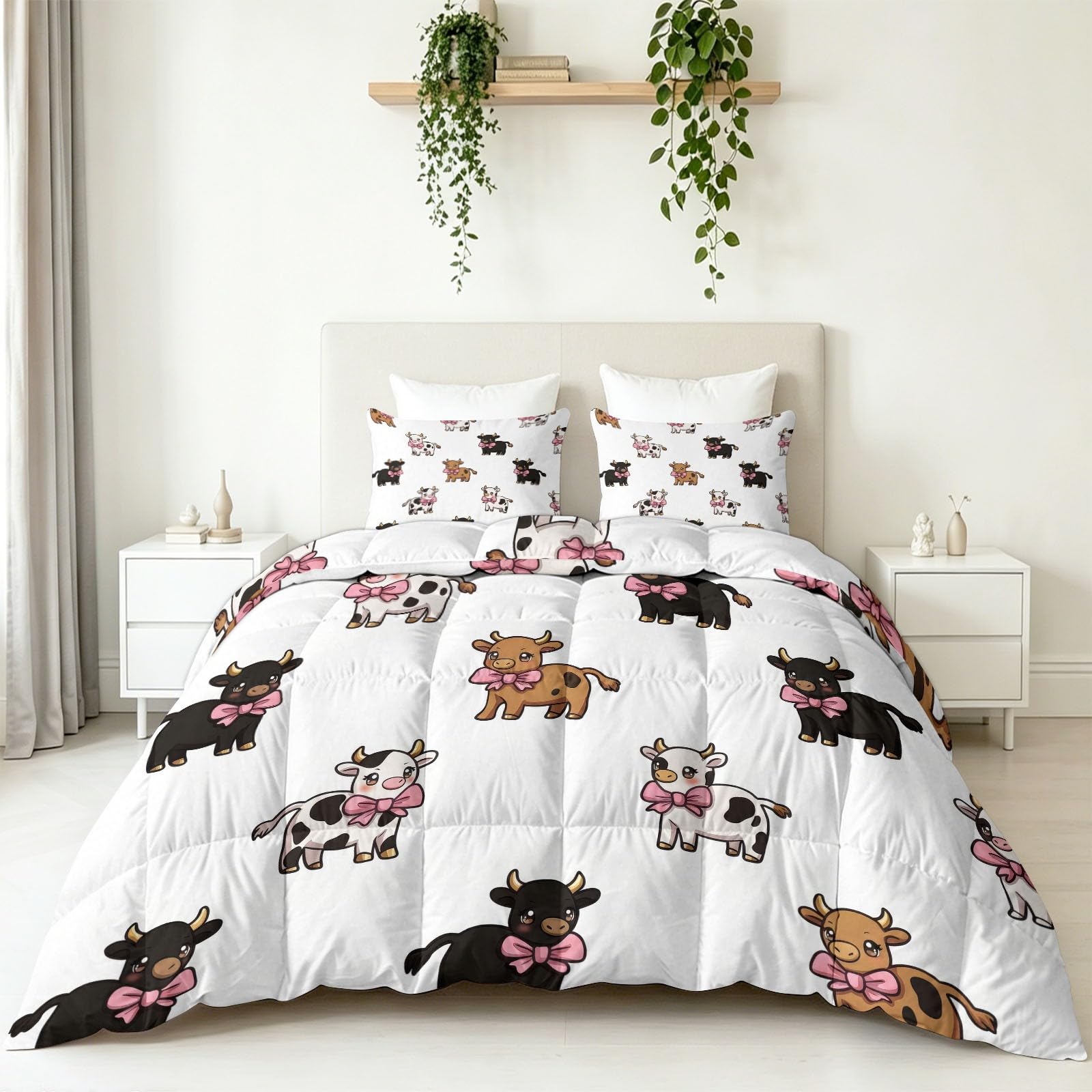 Dwustronna kołdra w stylu wiejskiego domu 140 x 200 cm, kreskówkowa zwierzę krowa miękka oddychająca kołdra, lekka oddychająca biała kołdra - zmywalny zestaw pościeli pikowana koc