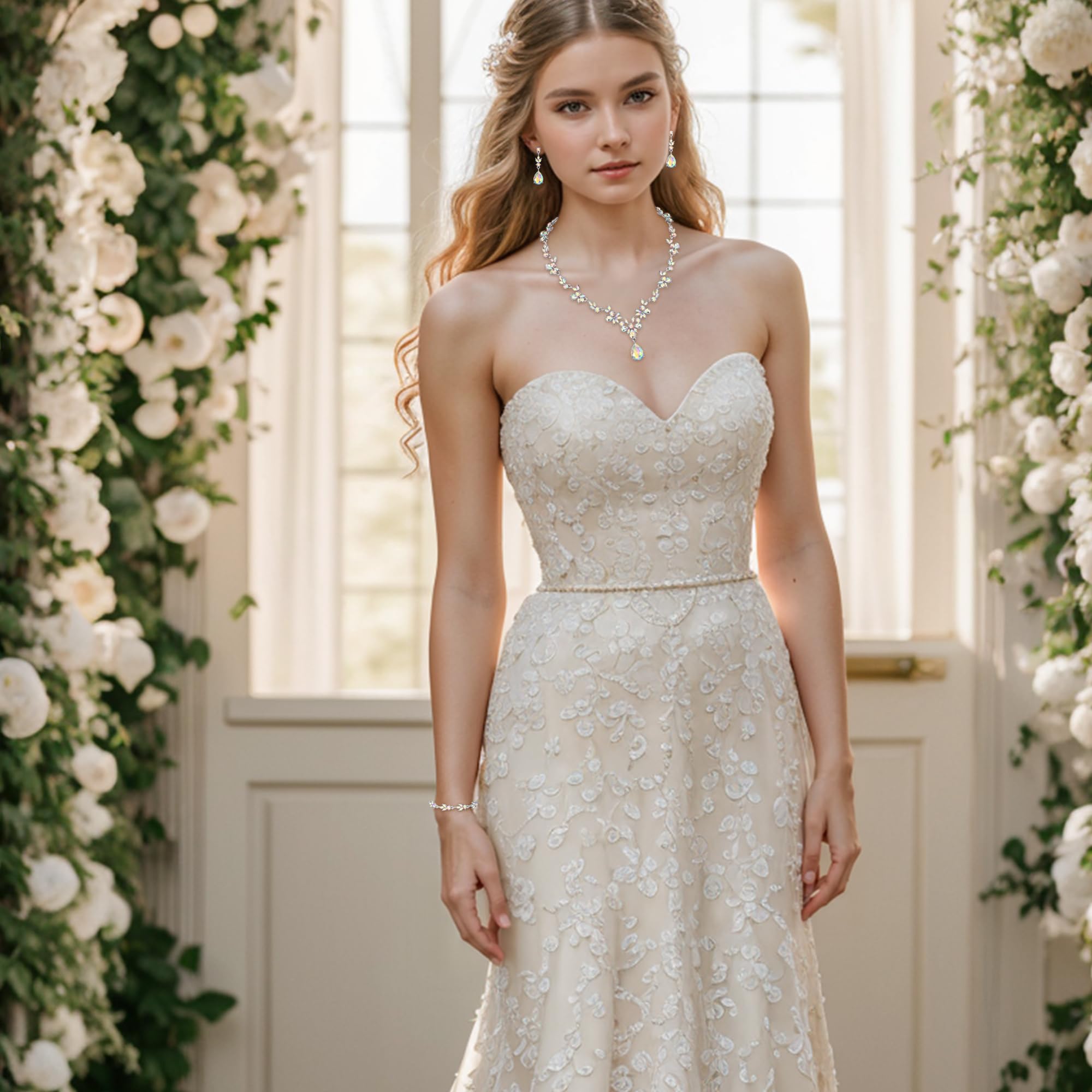 Set di gioielli da sposa per donna, collana a Y, bracciale tennis e orecchini pendenti, set di cristalli a goccia, marquise cluster per damigella d'onore blu argento,