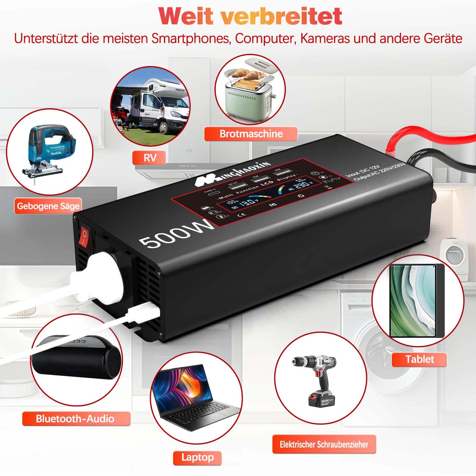 500W/1000W Wechselrichter 12v auf 230v Reiner Sinus Spannungswandler Mit EU Steckdosen Und 3 USB Und Netzkabel Und LCD 500w Kfz Inverter Für Camping-Einsatzfahrzeuge, LKW Und Wohnmobile