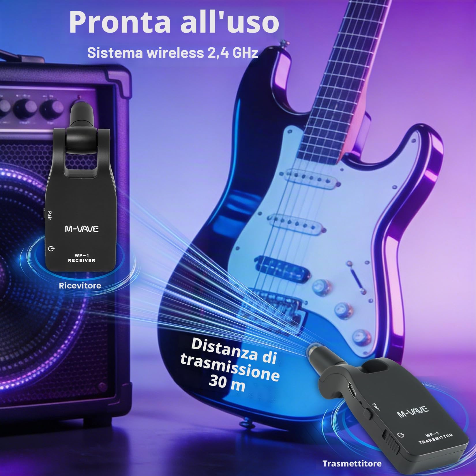 M-VAVE Sistema per chitarra wireless – Ricevitore trasmettitore per chitarra superiore con tecnologia wireless 2.4G, migliora le prestazioni musicali senza bisogno di cavi