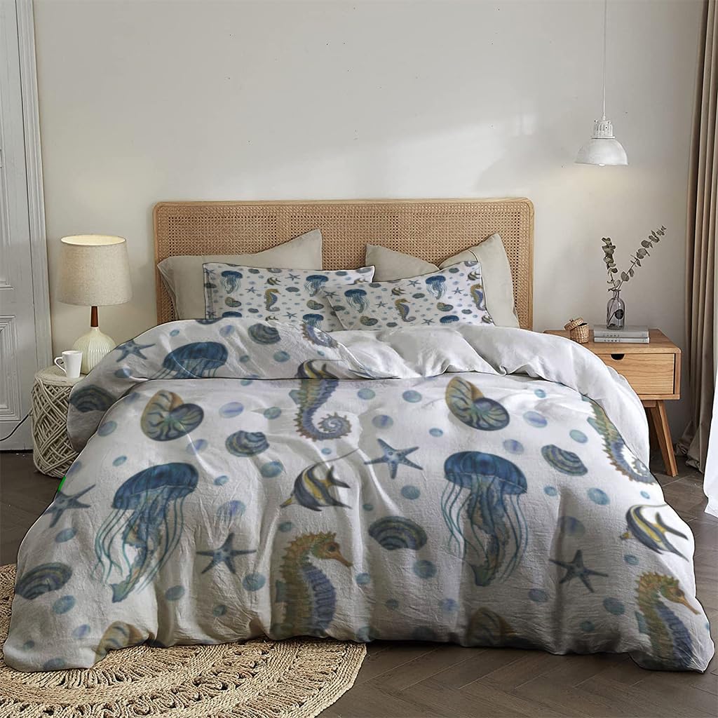 NIBAINLO 布団カバータツノオトシゴ、クラゲ、貝殻、泡、ヒトデ 肌に優しい ピーチスキン加工 掛け布団カバー 和式 洋式 あったか 布団カバーセット リバーシブル ホームステイ ホテル 家庭兼用