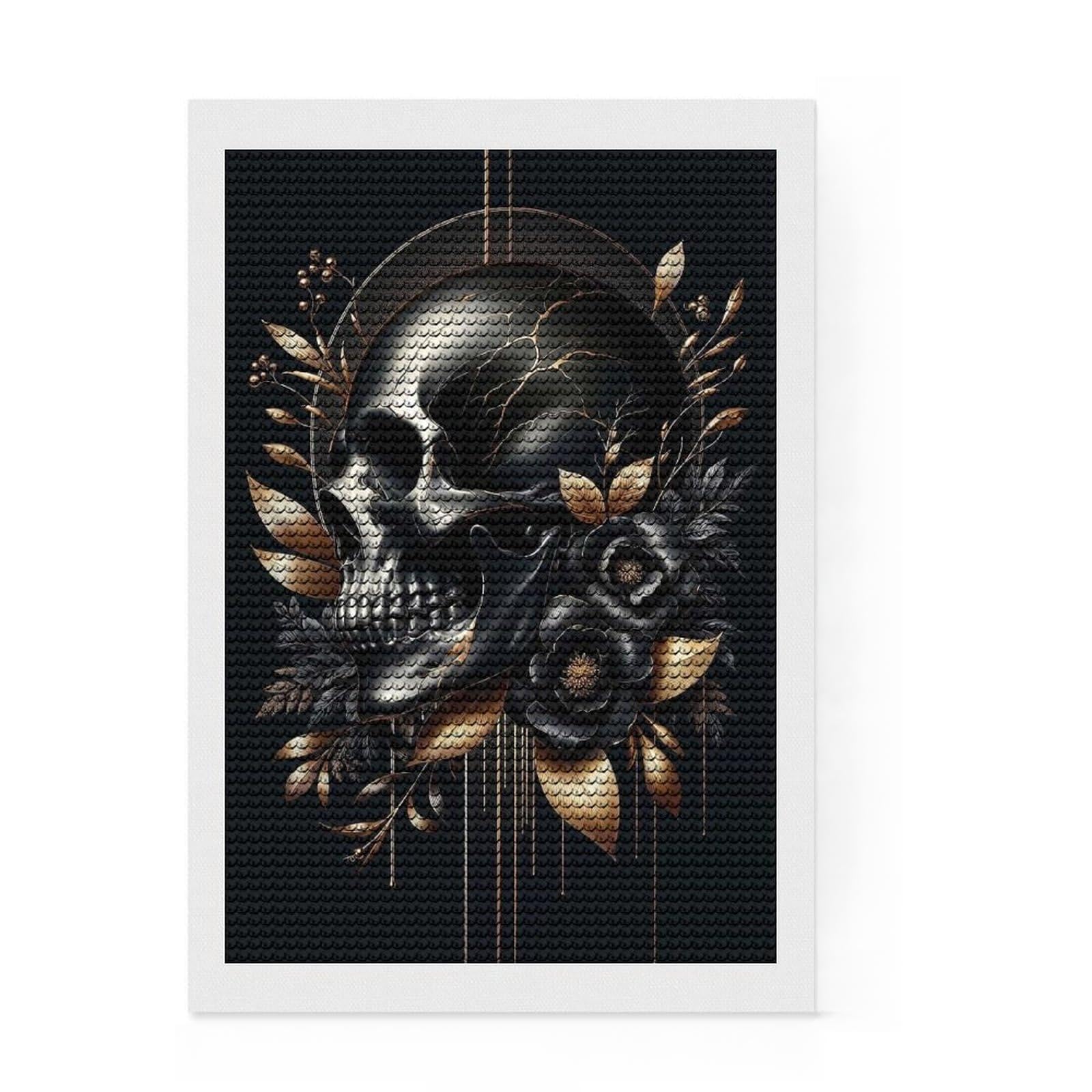 Junmoney Golden Skull and Florals Round Drill Diamond Painting 8"x12", for Women, Farmhouse Decor, Good for Quiet Evenings, Birthday Gift